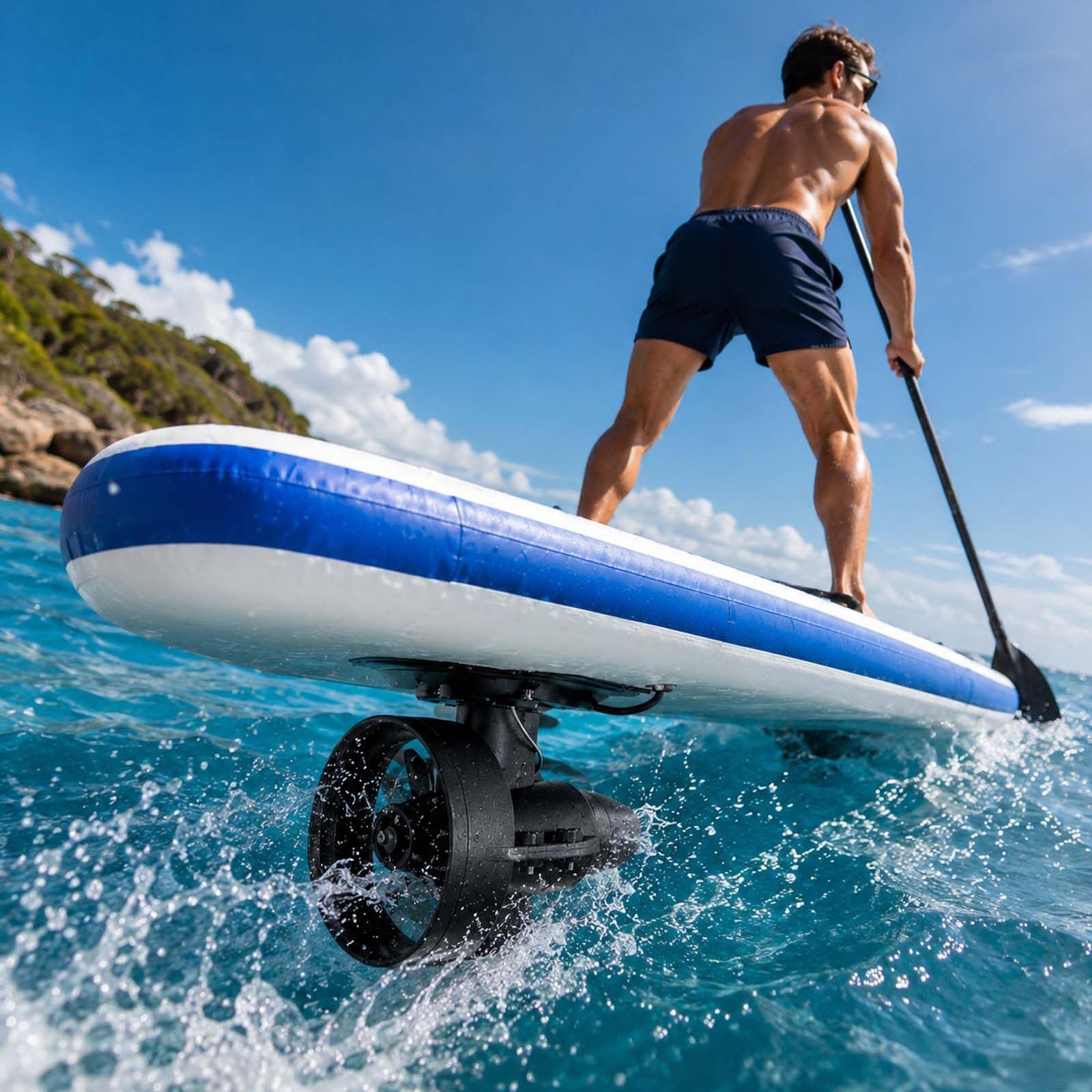 QFGain Electric SUP Motor for Inflatable Paddle Board, 12V Underwater Thruster with Remote, 440LBS Thrust Kayak Propeller, Universal Fin Base 216W