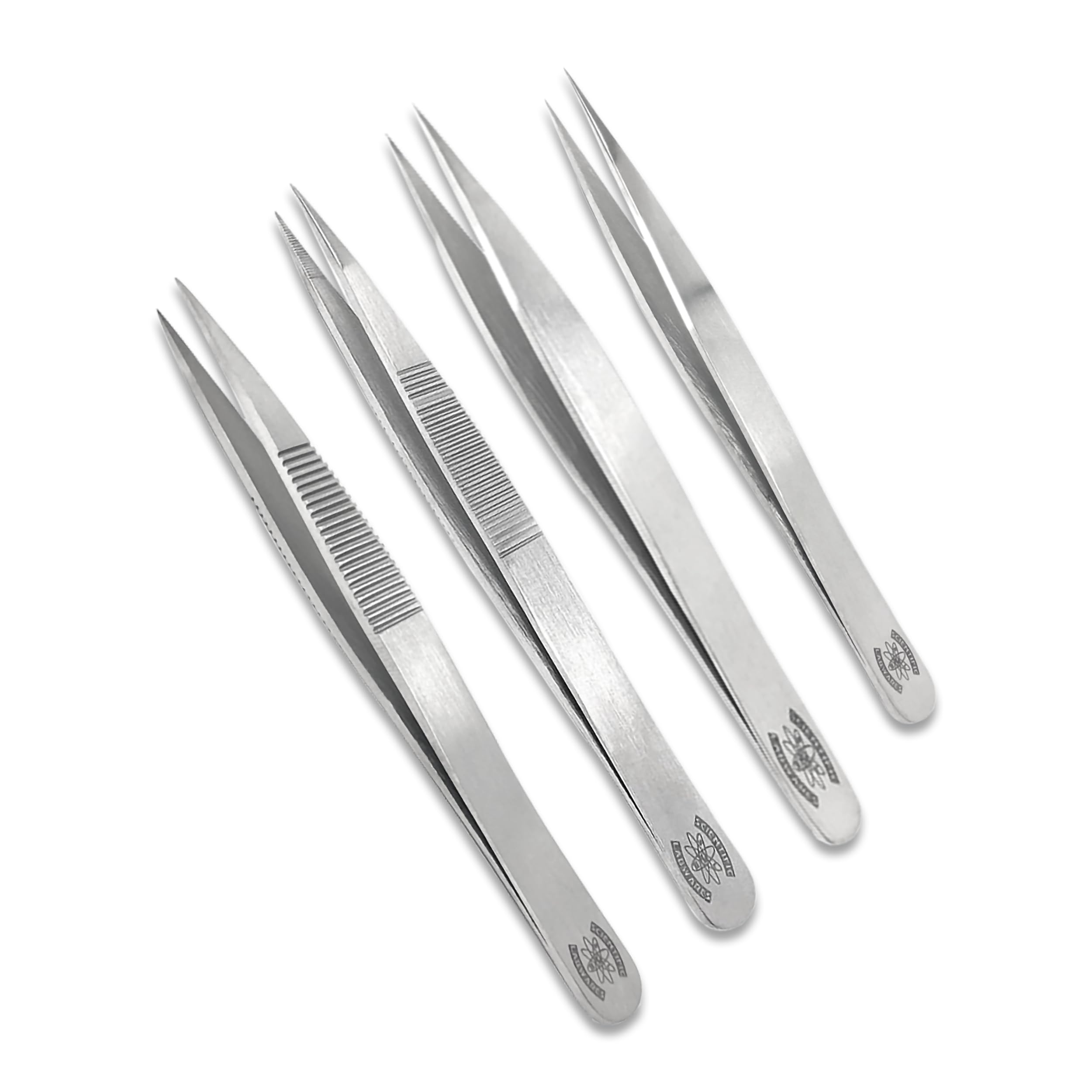 Scientific Labwares Forceps Master Set: Four Premium Stainless Steel Forceps - Smooth/Serrated Tips and Grips Design - Fine Precision Assembly Tool - Comprehensive Bundle for Lab & Medical Expertise