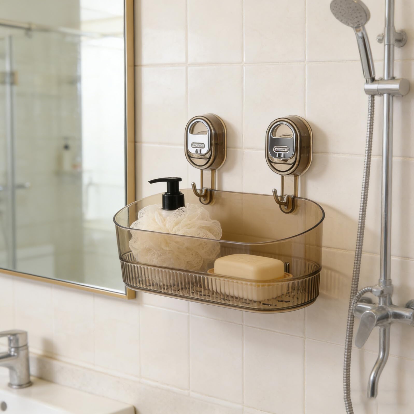 Ipetboom Mensola Portaoggetti a Ventosa senza Foratura 2 Pezzi, Supporto Doccia Regolabile Drenaggio Rapido in Acrilico Trasparente, Organizer Bagno per Shampoo, Rasoi e Accessori