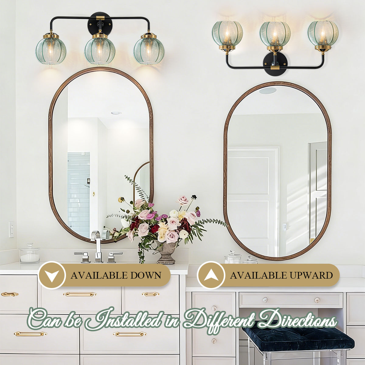 Image of 3 Light Bathroom Vanity Light Fixture, Modern Glass Globe Wall Sconce with Ribbed Green Shade, Vintage Wall Lamp for Over Mirror, Bedroom, Hallway, Living Room, 23.6x7.9 inches