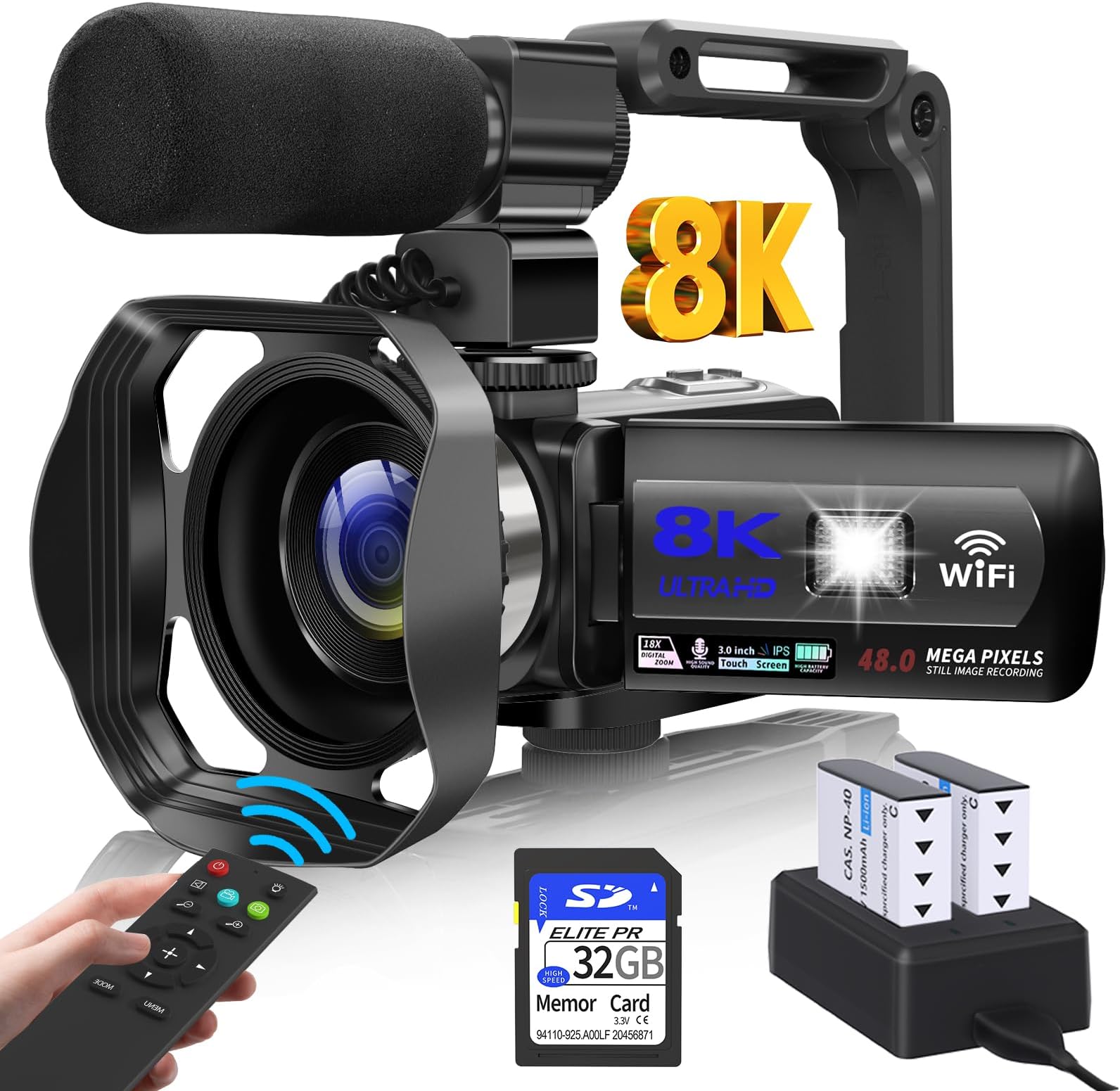 8K Video Camera Camcorder 48MP Vlogging Camera for YouTube, 18X Digital Zoom 3 Inch Touchscreen with WiFi, External Microphone, Fill Light, Remote Control, 32GB SD Card & 2 Batteries