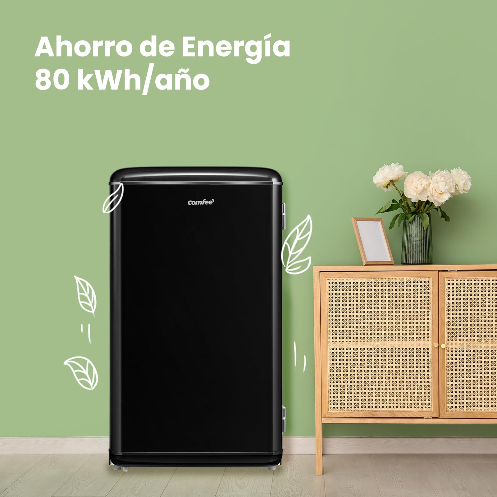 Comfee' 93L Refrigerador Bajo Encimera, Diseño Retro, Negro | Independiente con Compartimento Enfriador, Termostatos Ajustables, Luz LED, Ideal para Hogar y Oficina