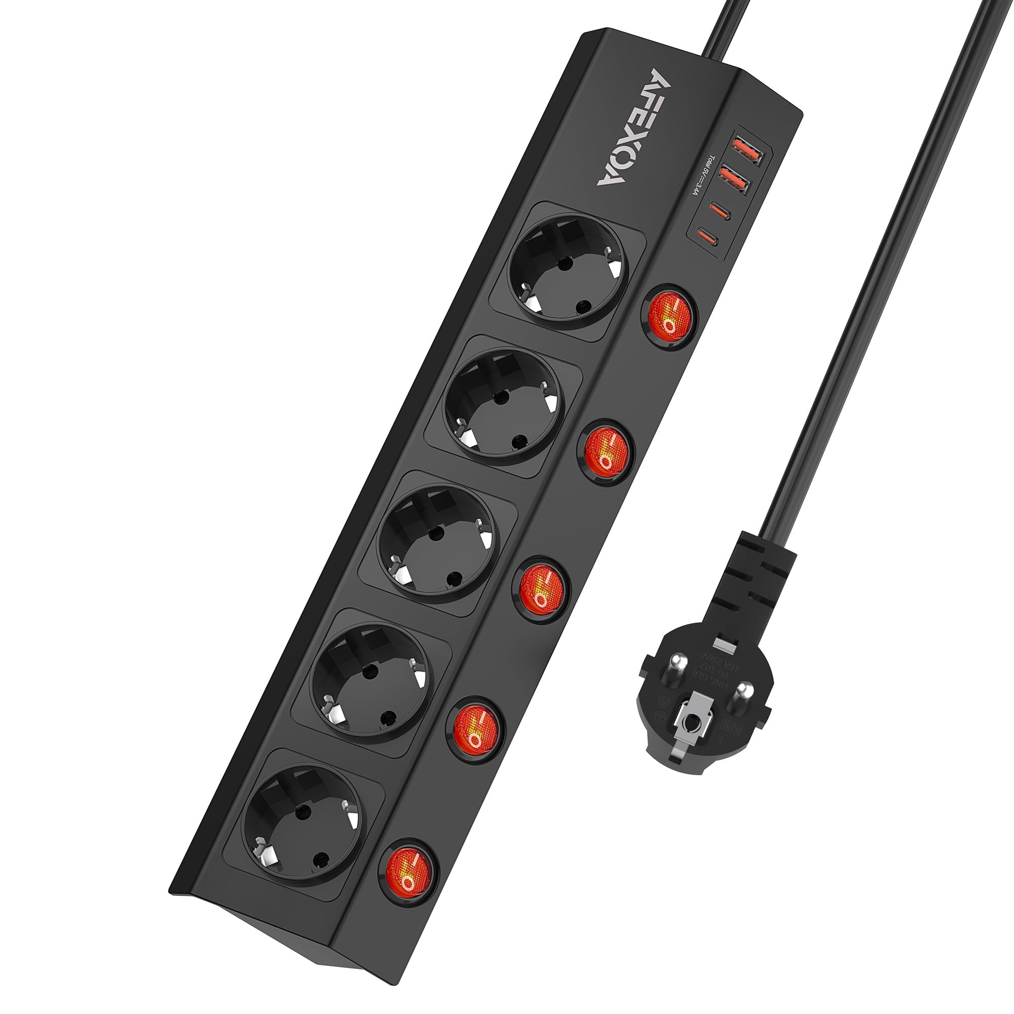 Regleta de 5 Tomas conmutables Individualmente con protección contra sobretensiones 1050J, Toma múltiple con USB C, AFEXOA Regleta Negra de Pared con 4 Cargadores USB (5V/3.4A) y Cable 2M/ 3680W/16A