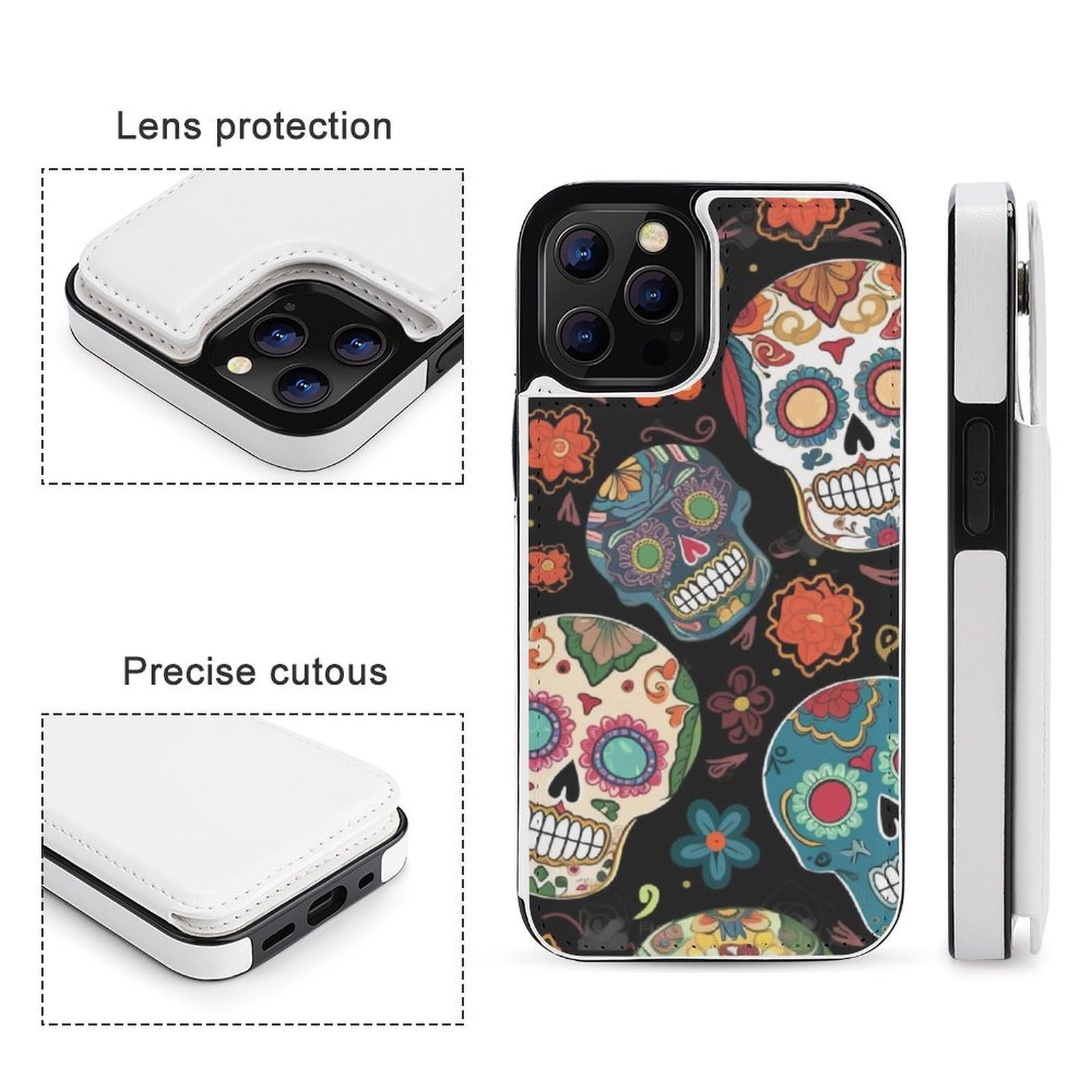 Fundas tipo cartera para iPhone 12 Pro, diseño de calaveras de azúcar, funda de piel con ranuras para tarjetas