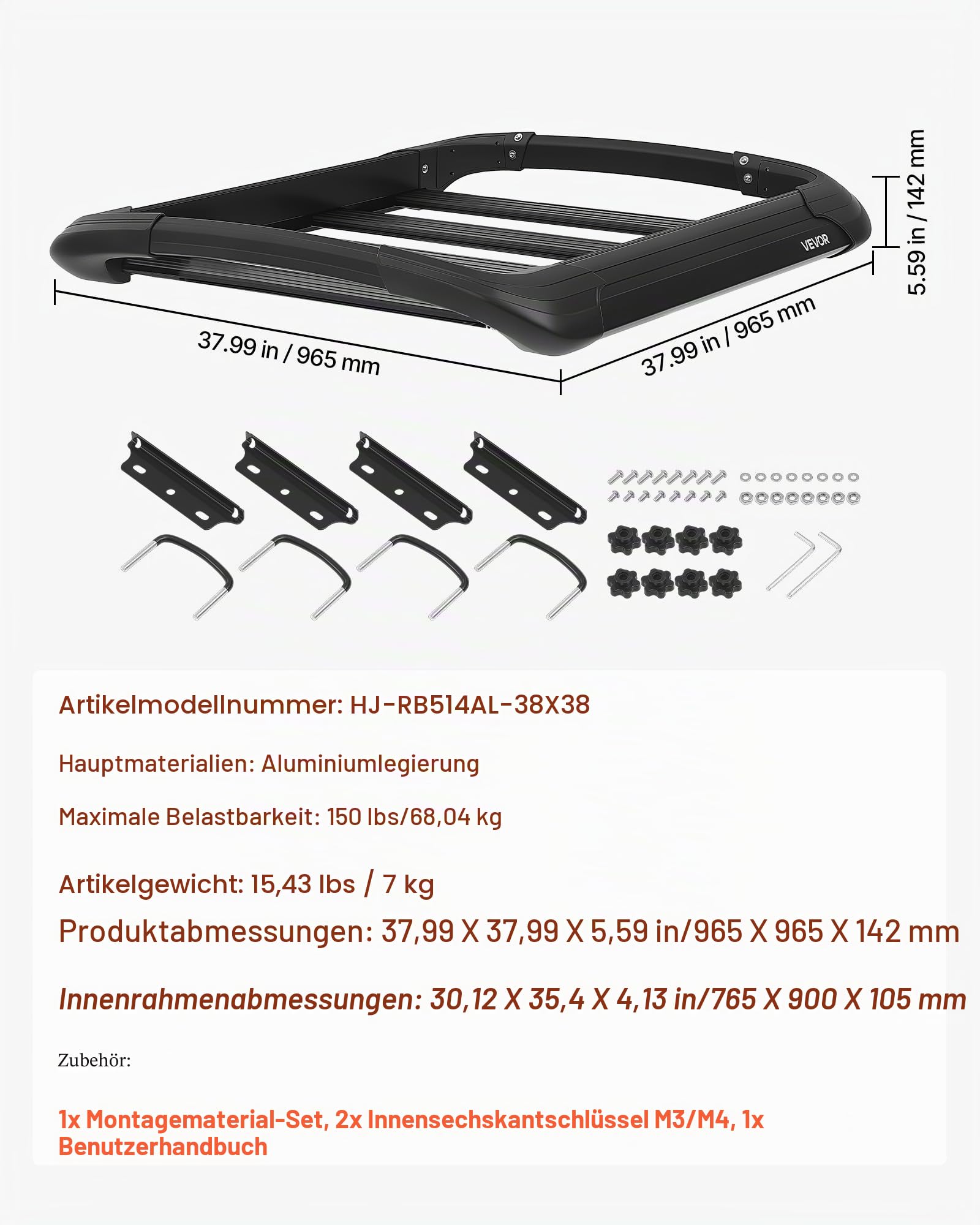 VEVOR Dachgepäckkorb 965 x 965 x 142 mm Dachträgerkorb aus Aluminiumlegierung 68,04 kg Tragkraft Wetterfester Dachgepäckträger Passend für Querträger bis 90 x 50 mm Ideal für SUVs und Pickups