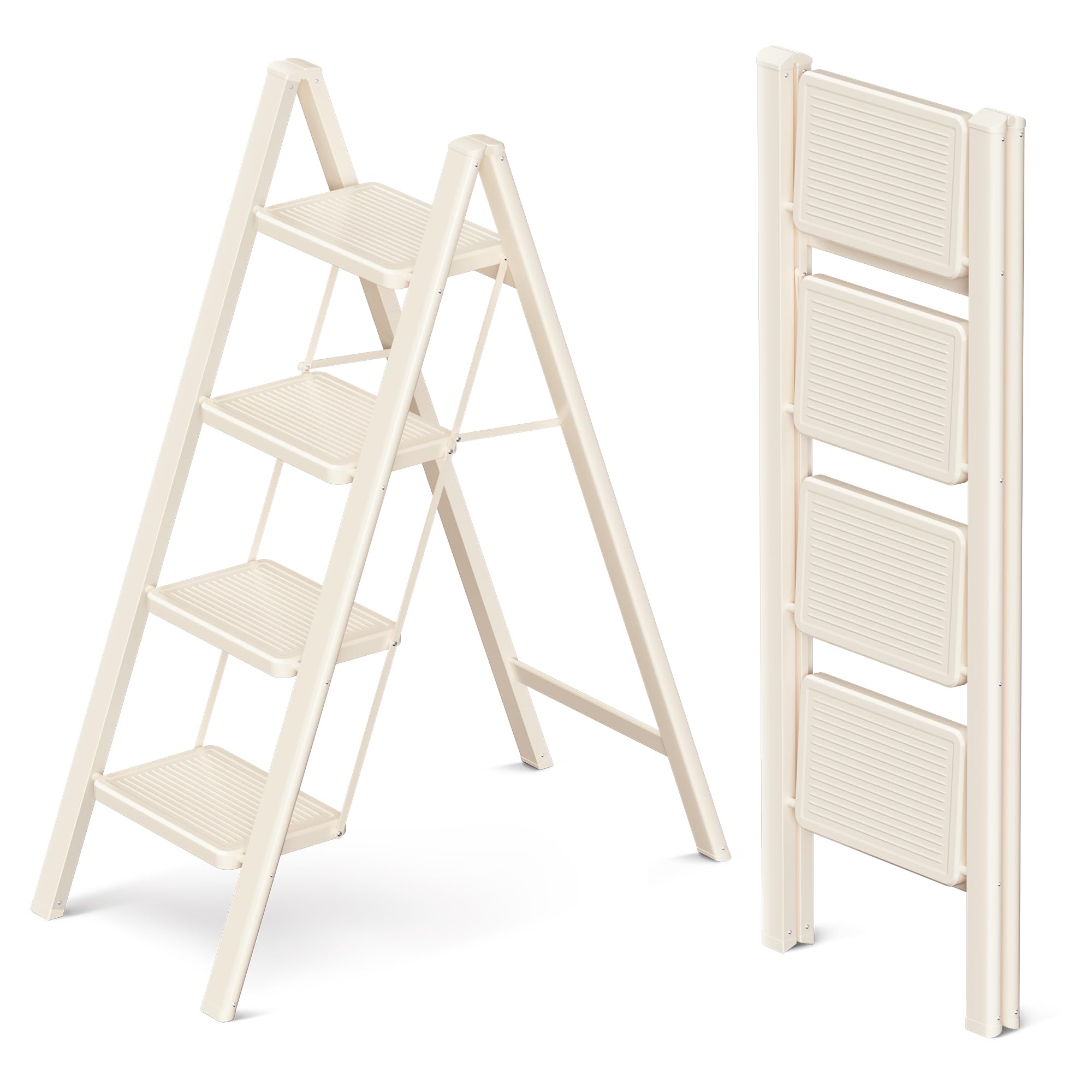 GameGem 4 Step Ladder, 4 Step Stool for Adults, Folding Step Ladder with Secure Footing, Widened Pedal, Aesthetically Pleasing Looking, Blends Right into Domestic Rooms, Cream White