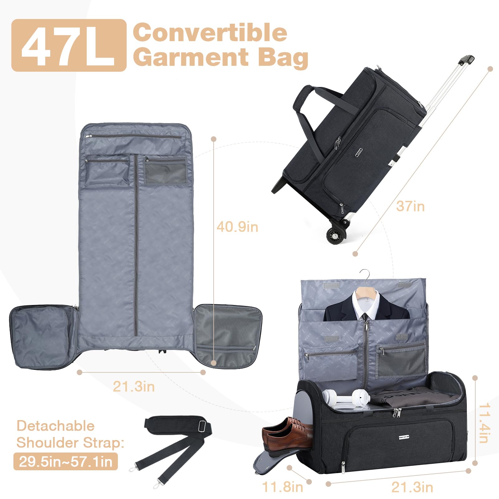 Sac à Vêtements pour Voyage avec roulettes, 3 en 1 Convertible Housses de Costume Homme, Housses de Vêtements avec Compartiment Chaussures, Sac à Bagage à Main de Voyage avec Roues, Noir
