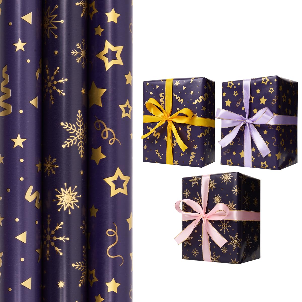 3 Rolls Blue Gold Gift Wrapping Paper, 43cm*3M Wrapping Paper Print with Star and Snowflake for Christmas, Birthday, Festival Party Gift Decoration