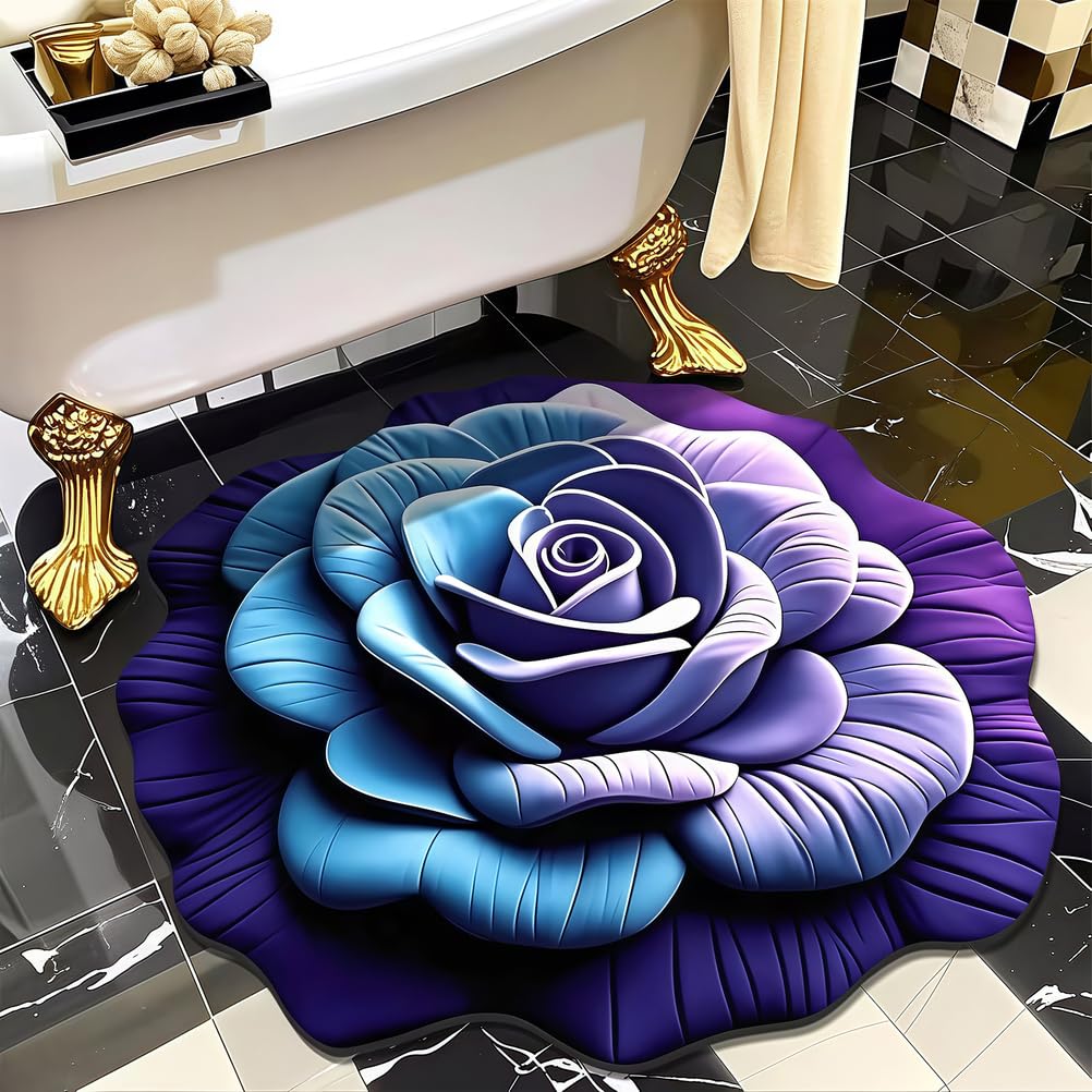 RVUEM Floral Plush and Diatomaceous Earth Floor Mat, Quick-Dry Bathroom Rug, Super Absorbent, Dual-Sided Non-Slip, 3D Flower Design, for Bedroom, Entryway, or Vanity Area,022,60 * 60cm