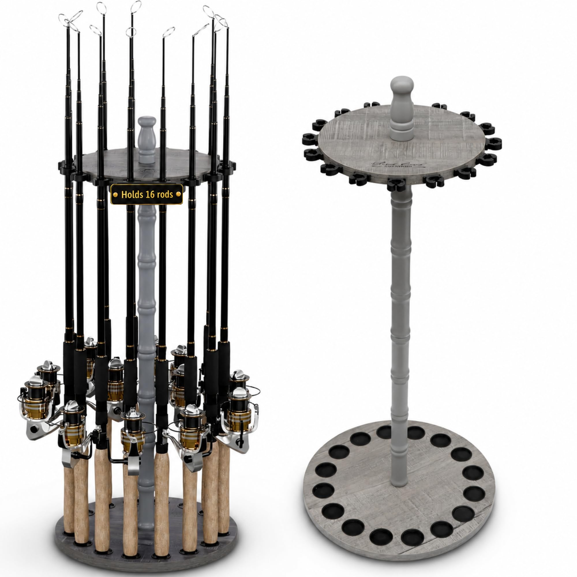 Rush Creek Creations 16-Rod Round Fishing Rod Holder for Garage, 360° Access Fishing Pole Holder for Fishing Rods, Reels, and Gear, Securely Holds 16 Rods, Barnwood