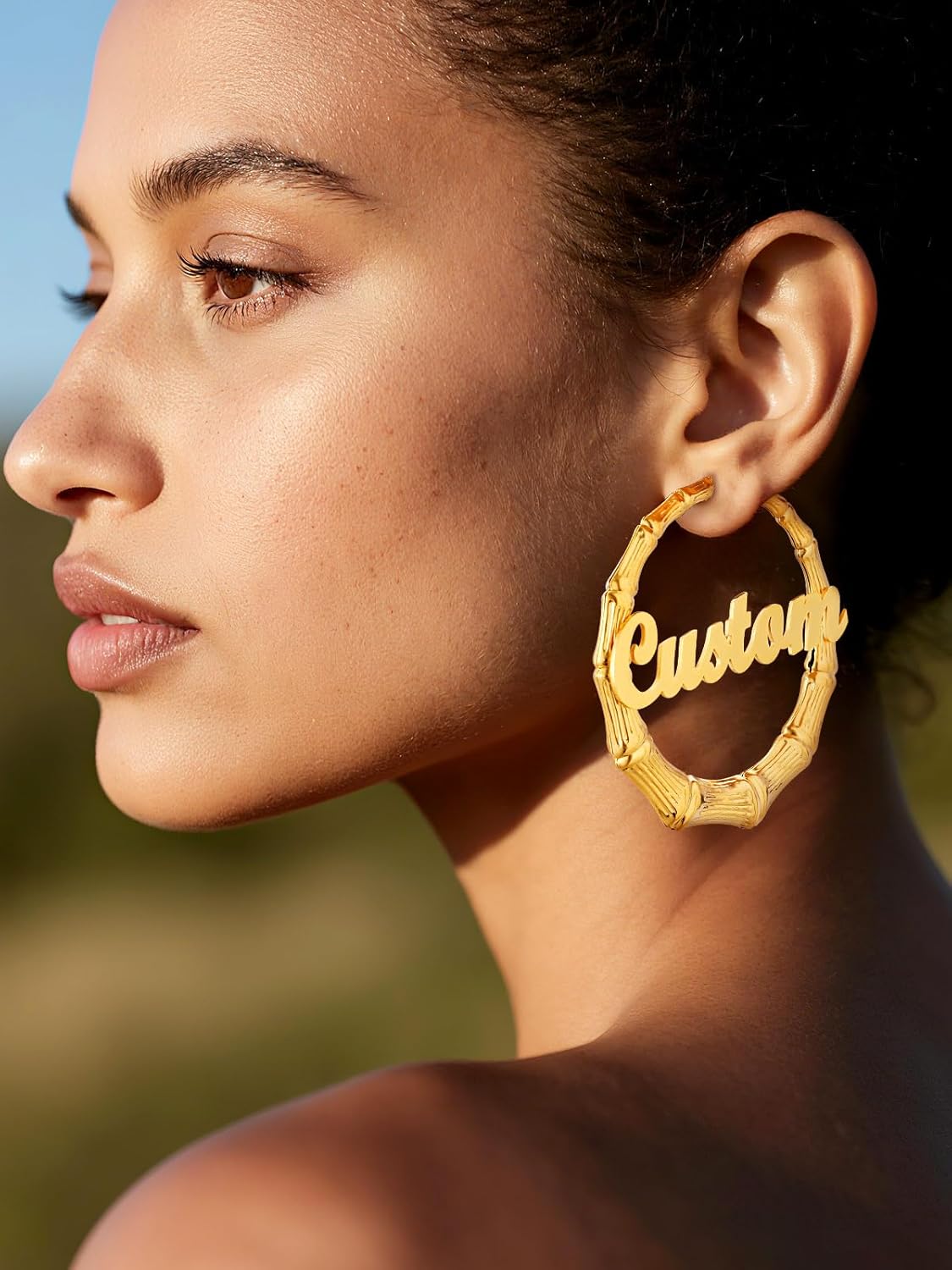 Custom4U Bamboo Hoop Earrings for Women Gold/Silver/Black Large Name Earrings Personalized - Hypoallergenic Lightweight Big Thick Hoops 30/40/50/60/70/80mm - Custom Made Birthday Christmas Gifts