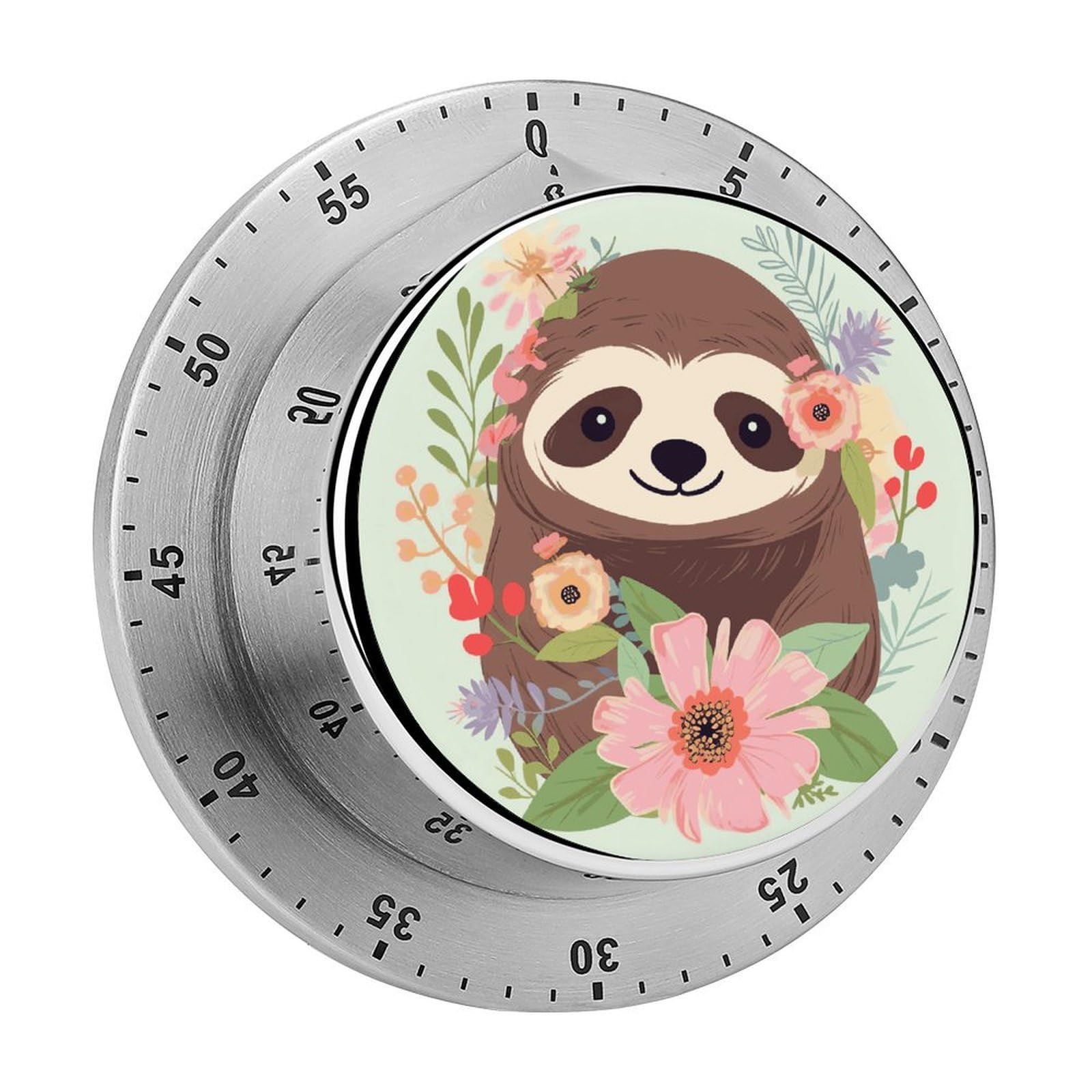Sloth and Flowers Timer Loud Mechanical Timer Stainless Steel 60-Minute Kitchen Timers Waterproof Chef Cooking Timers Sport Countdown Clock Portable Countdown Alarm Adult