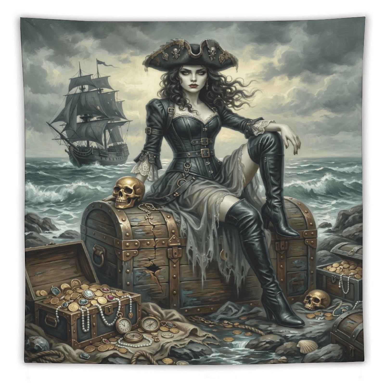 H3B8U2Y5 Pirate Queen Seaside Treasure Wall Tapestry, Oil Painting, Office