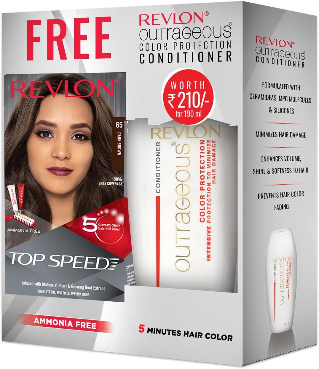 REVLON Top Speed Hair Color For Woman - Dark Brown 65 (with Outrageous Conditioner 190 ml), (3S10978E16463665)