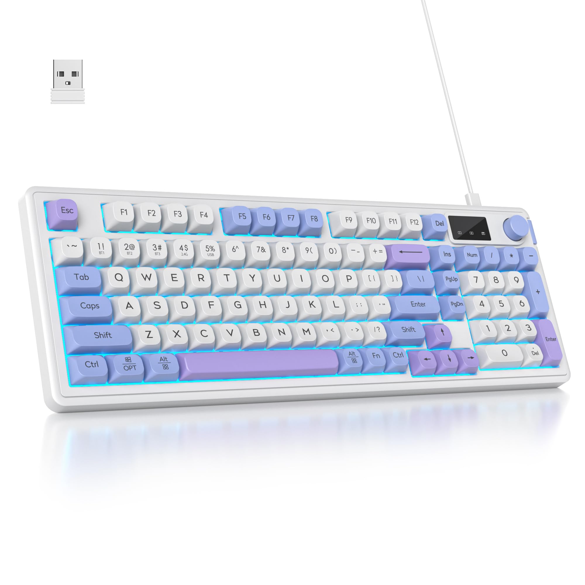 SOLIDEE Clavier Membrane Sans Fil 96% avec Bouton,Triple Mode Filaire/Bluetooth 5.0/2.4G,Structure Gasket&Rétroéclairage RGB,Silent Sensation Mécanique,Clavier Crème avec Pavé Numérique(Sea Salt)