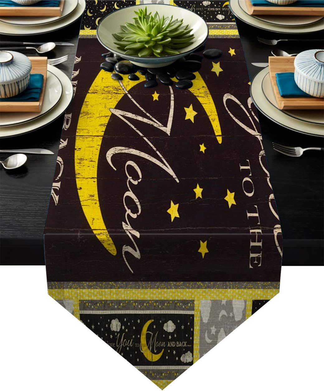 Seven Sunshine Cotton Linen Burlap Table Runner Dresser Scarves, Vintage Moon and Stars Table Runners Cloth for Home Dining, Banquet, Holiday Party Dinner, Wedding, Decorative