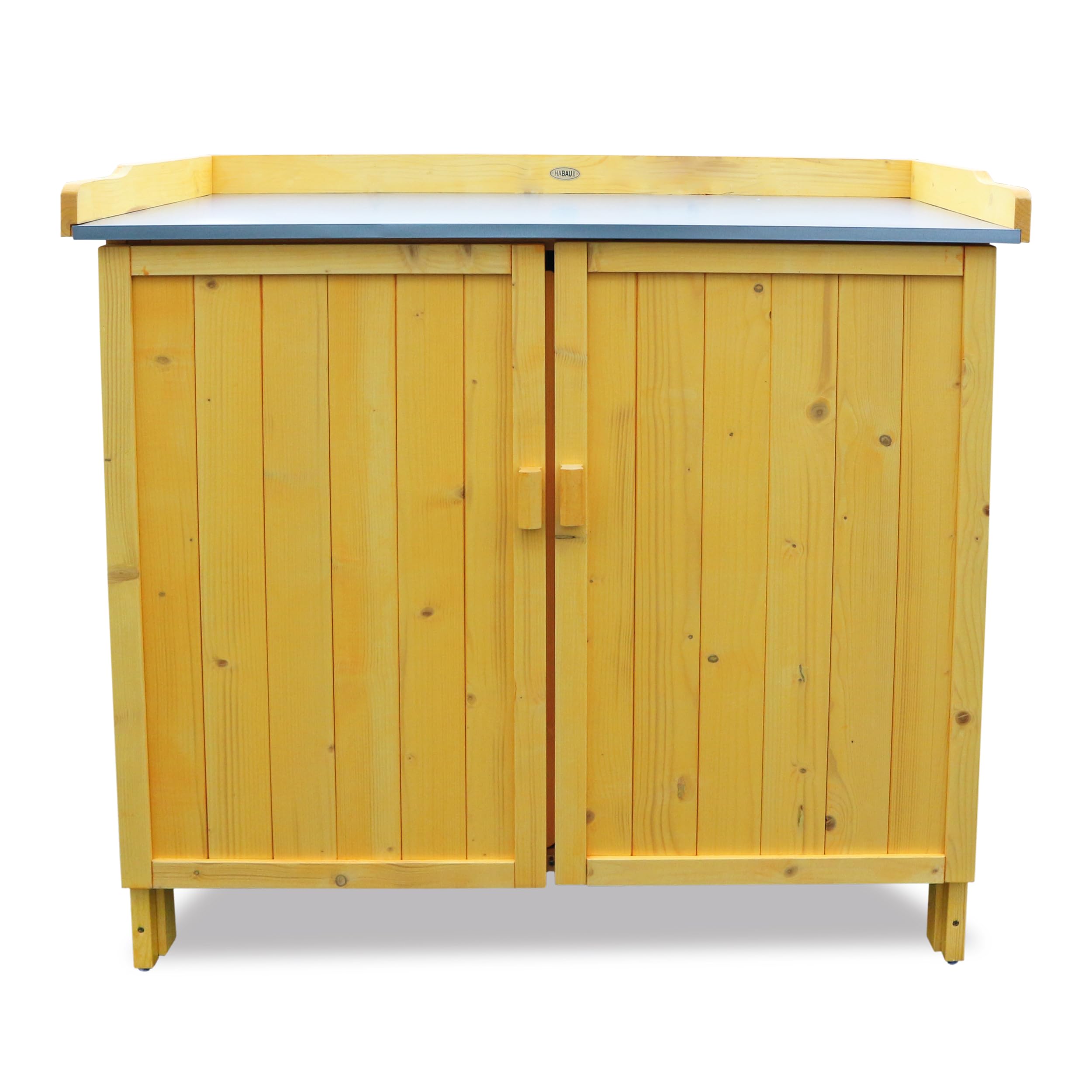 HABAU Gartenschrank Lino mit Arbeitsplatte aus Metall, Maisgelb | wetterfest lasiert aus FSC®-zertifiziertem Holz, 98 x 48 x 95 cm, ideal für Garten, Terrasse und Balkon
