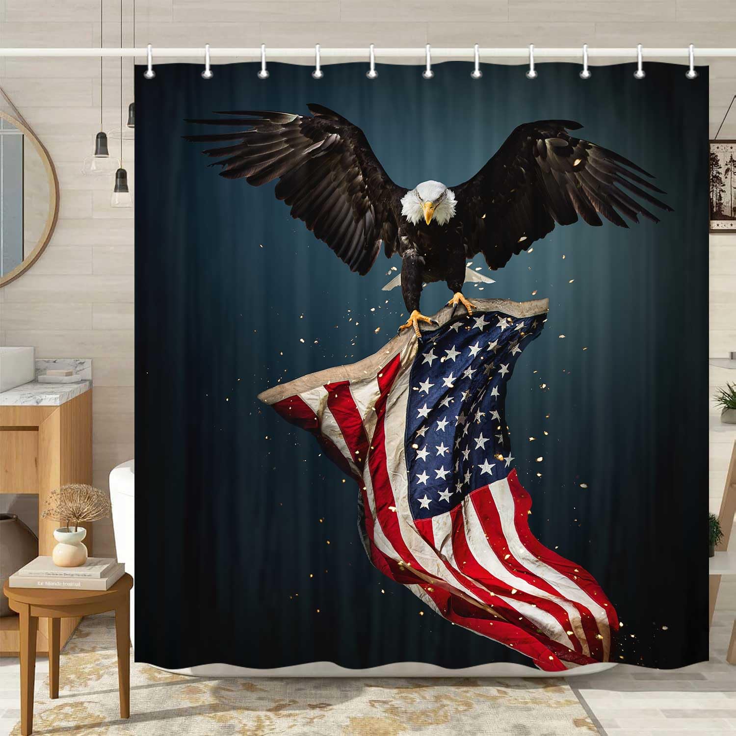 Viajar American Flag Shower Curtain 4th of July USA Eagle Independence Day Shower Curtain Patriotic USA Flag Waterproof Fabric Bath Curtains Set with 12 Hooks 72 X 72 Inch