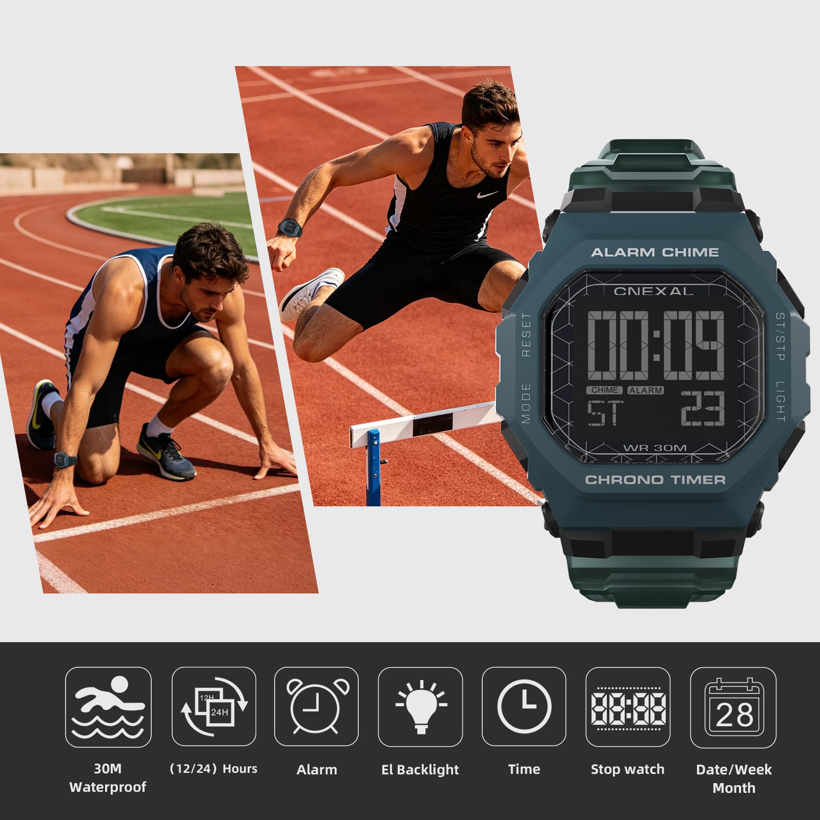Orologio sportivo digitale da uomo, impermeabile, facile da leggere, con ampio display, cronometro, sveglia e batteria di 18 mesi