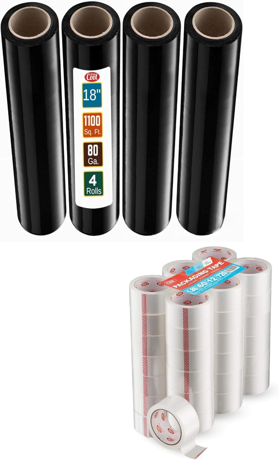 Simply Cool 4 Pack 18 inch Black Stretch Wraps and Packing Tape 36 Pack of 60 Yards Per Roll Heavy Duty
