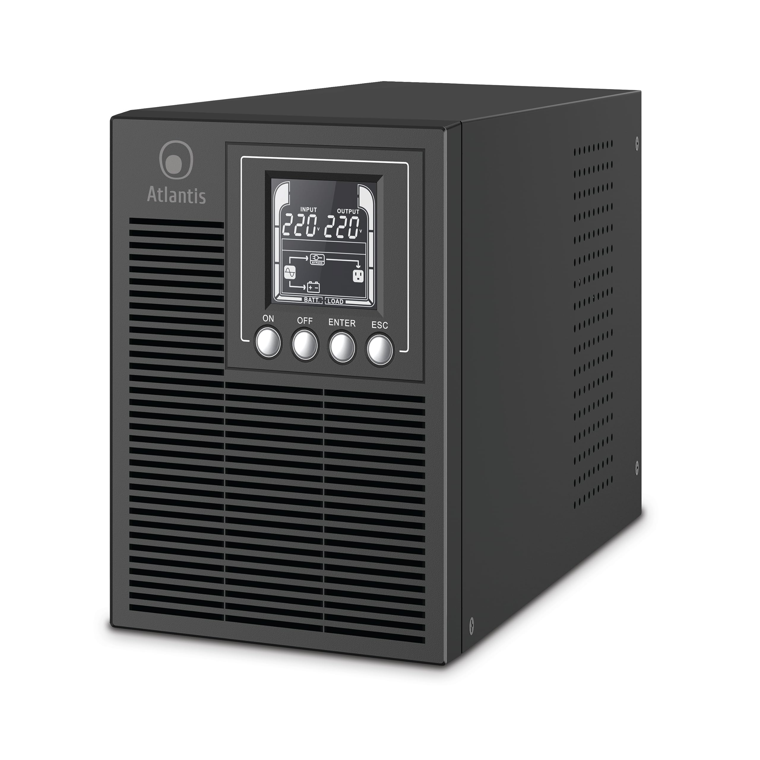 Atlantis A03-OP1002XLN UPS OnLine 88% Più Silenzioso Gruppo di Continuità Server Doppia conversione Onda Sinusoidale Pura 1000VA 700W, Ventola Low Noise Gelid 23,6 dbA,USB,2 Schuko + 1 IEC, 2x12V-9Ah