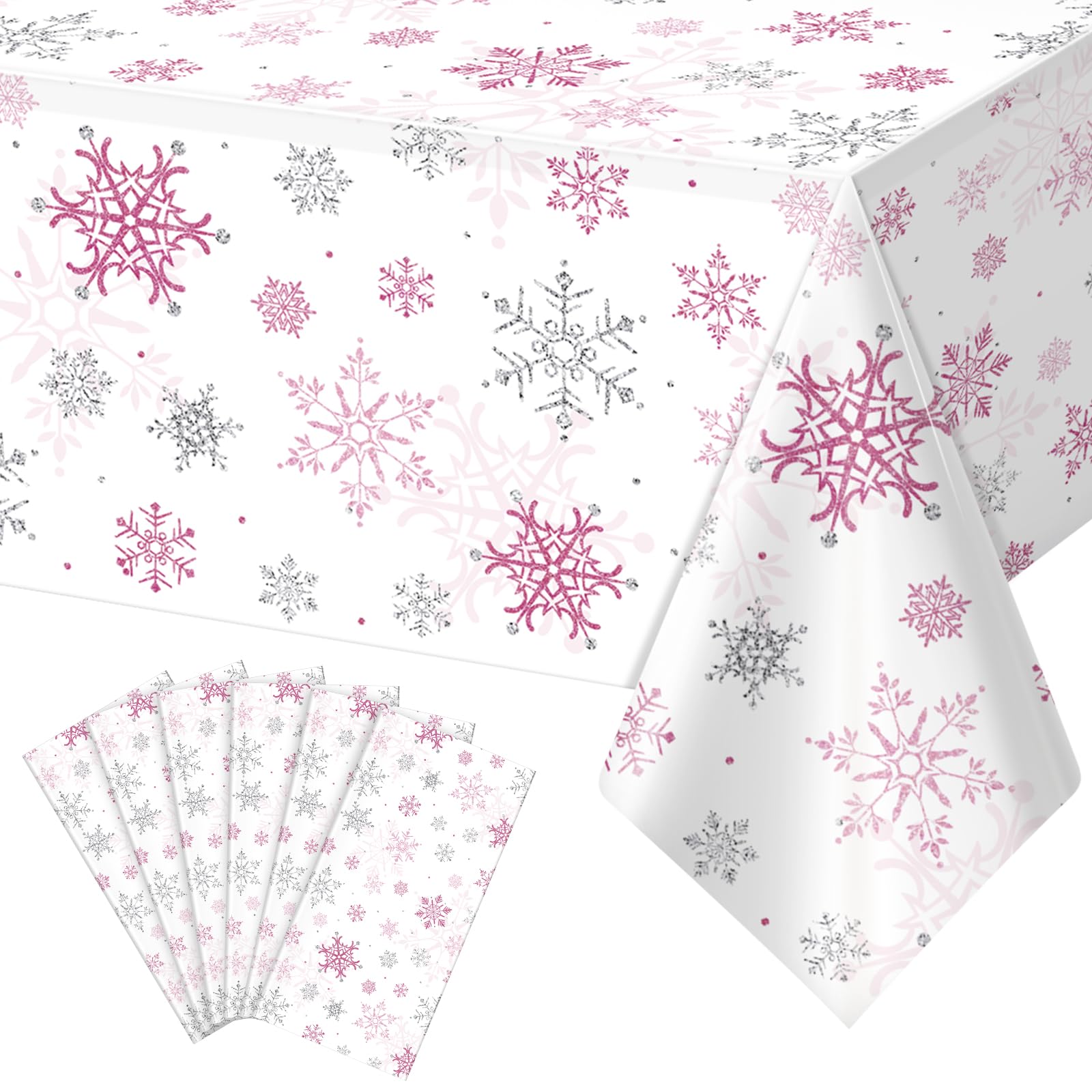 6 Pcs Christmas Snowflake Party Tablecloths Decorations,Plastic Pink Winter Onederland Rectangle Table Cover for Christmas New Year Girls 1st Birthday Baby Shower Holiday Party Decorations,54x108 inch