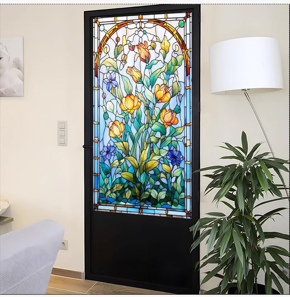 Buntglas Fensterfolie mit Blumenmuster, Statische Sichtschutzfolie ohne Kleber – Dekorative Farbige Glasfolie für Privatsphäre, (Blumendruck, Wiederverwendbar, Einfache Montage),A,60x100cm