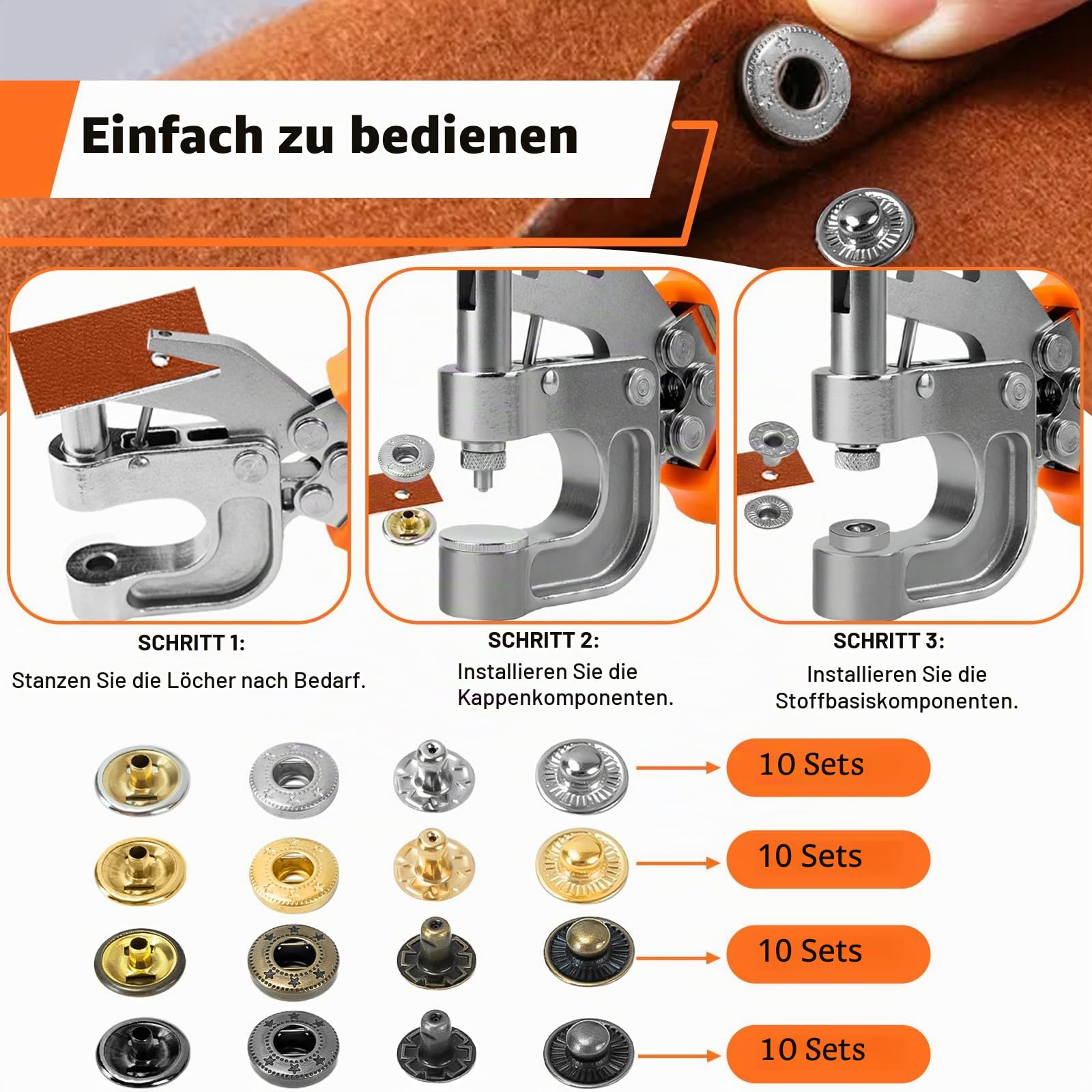 Leder-Druckknöpfe, Werkzeug-Set, Druckknopfzange mit 40 Sets, 15 mm Metall-Druckknopfverschluss, 4 Farben, Lederknöpfe für die Reparatur von Kleidung, Jacken, Armbändern, Taschen,