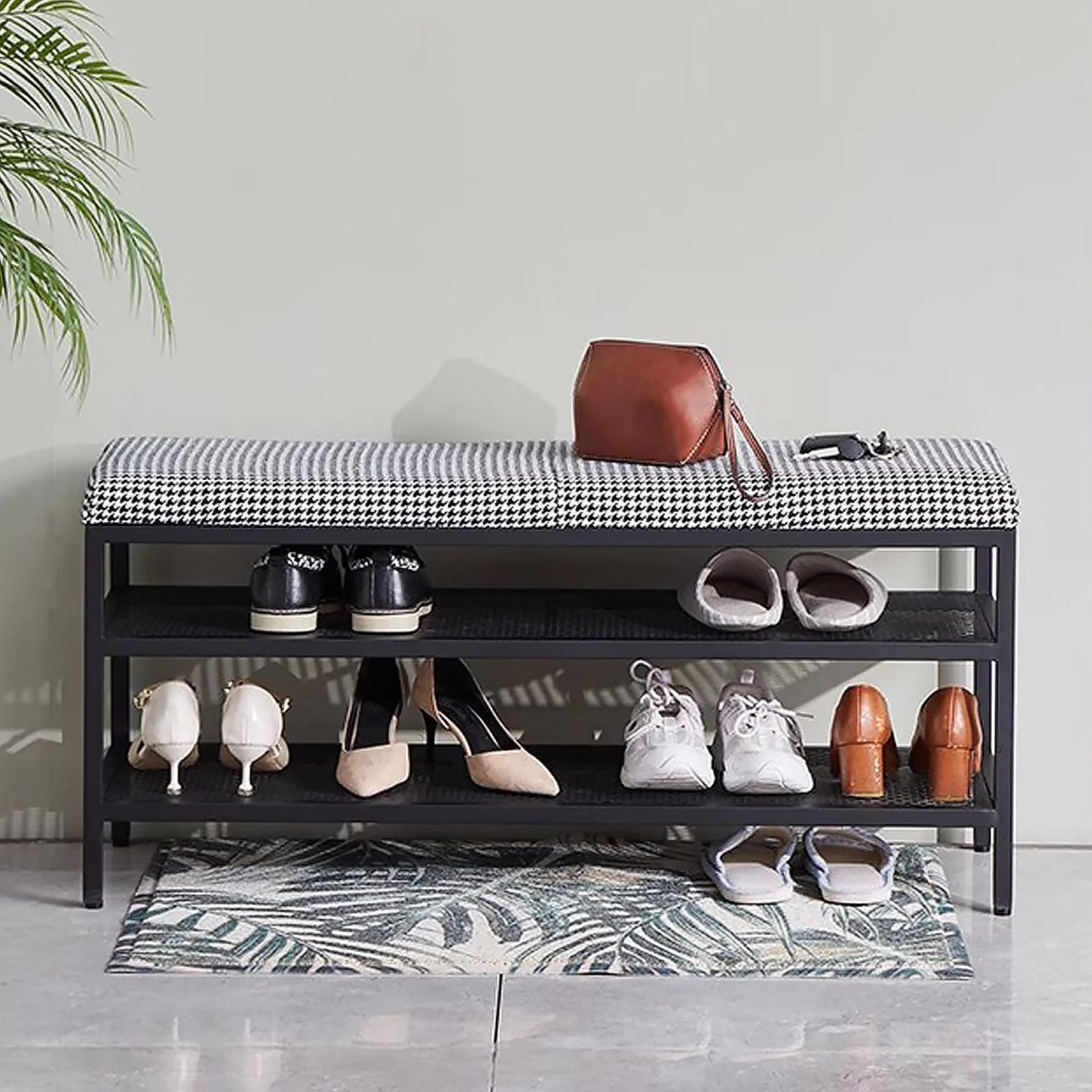 Banc à chaussures 3 niveaux en métal noir avec un coussin rembourré élégant