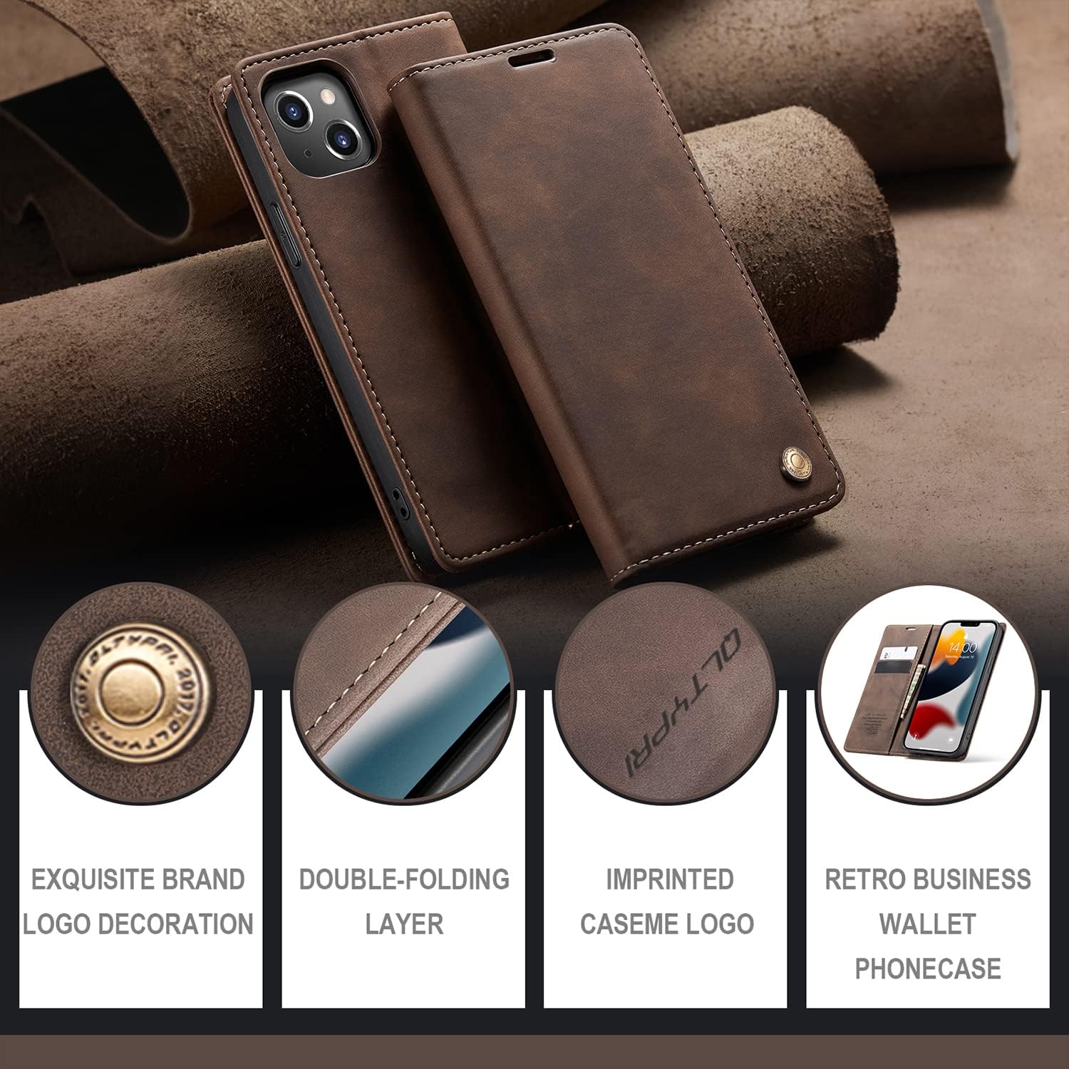 QLTYPRI Case for iPhone 14, Vintage PU Leather Wallet Case Card Slot Kickstand Magnetic Closure Shockproof Flip Folio Book Case Cover for iPhone 14(6.1 inch) - Coffee Brown - Image 8