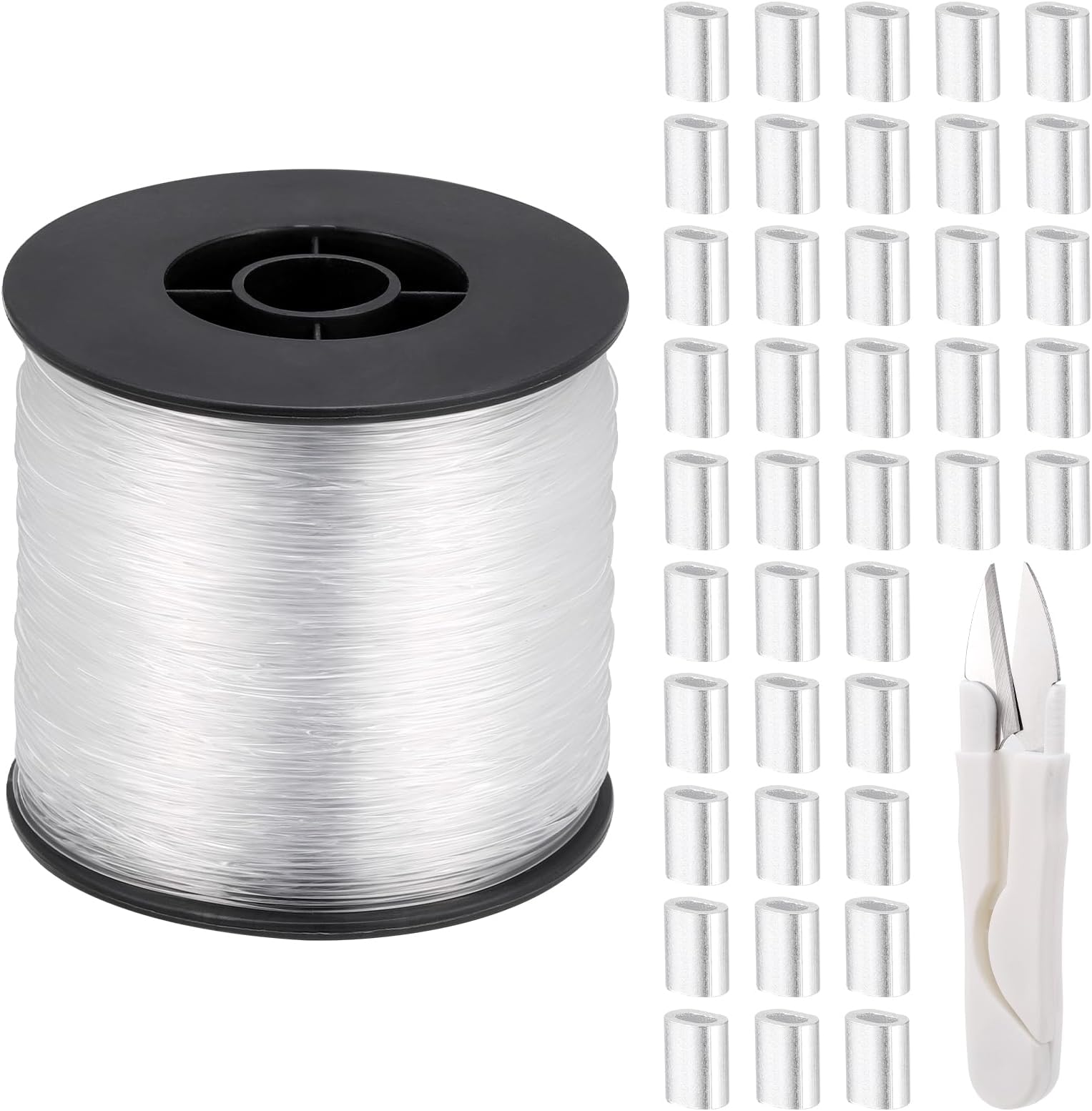 Strong Clear Invisible Hanging Wire, 0.6/0.8mm 656 Feet Nylon Monofilament Fishing Wire with 120 Aluminum Crimping Sleeves & Scissors, Clear Fishing Line for Hanging Decorations