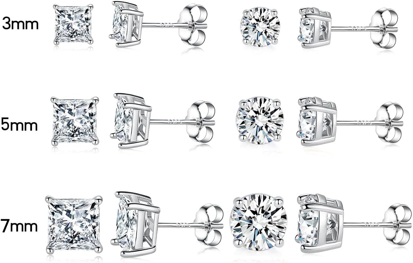 6 Pairs 925 Sterling Silver Stud Earring Set, 18K Gold Plated Princess Round Cut Clear Cubic Zirconia Hypoallergenic Earrings Pack for Women and Men - Image 6