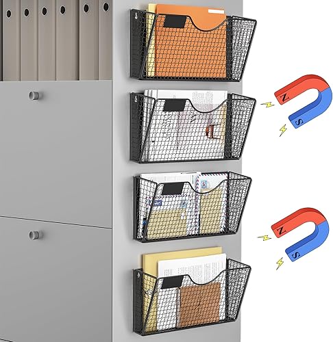 MFTEK Soporte magnético para archivadores, organizador de carpetas de archivos de 4 bolsillos, estante de revistas colgante de oficina para