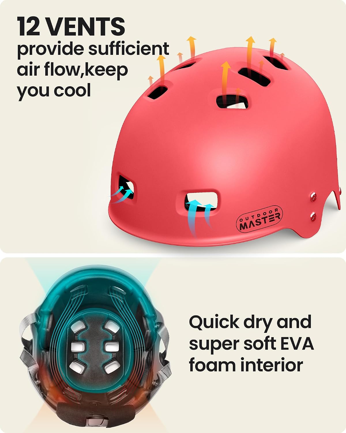 OutdoorMaster Kayak Helmet, Wakeboard Helmet Whitewater Helmet Men Women, Water Helmet with Ear Pads, Surf Helmet 12 Vents Dial Fit Adjustment Longboard Helmet, Perfect for Kayaking, Boating
