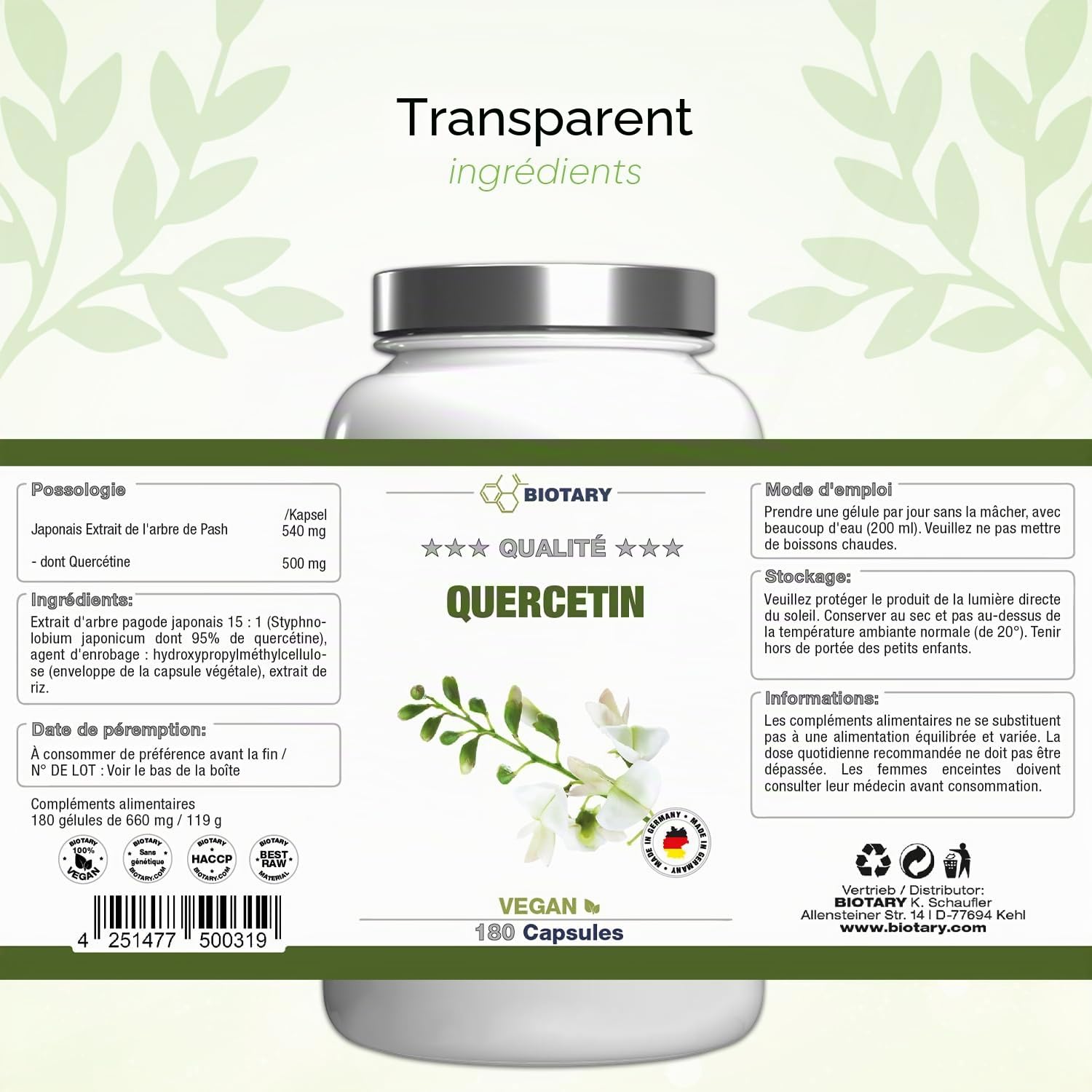Quercétine – 500 mg – 180 gélules – 6 mois – Avec boîte à pilules – Vegan – Extrait de fleur de Sophora du Japon 95% - Sans additifs