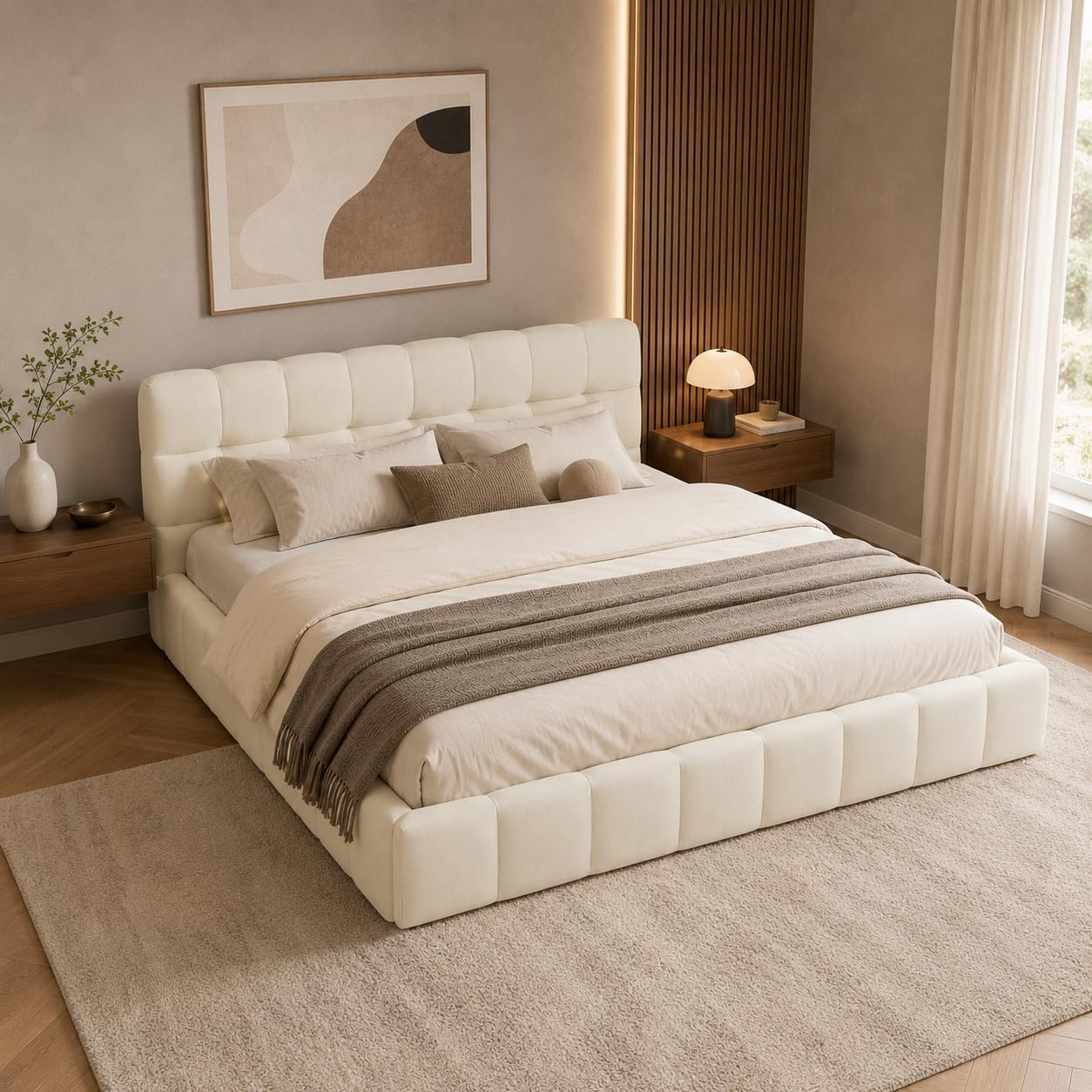Polsterbett Bubble Bett 140x200, Doppelbett Polsterbett 140x200 Beige, Jugendbett Flachbett Gästebett Bettgestell Mit Lattenrost Und Kopfteil, Leinen, Ohne Matratze (Beige, 140x200cm)