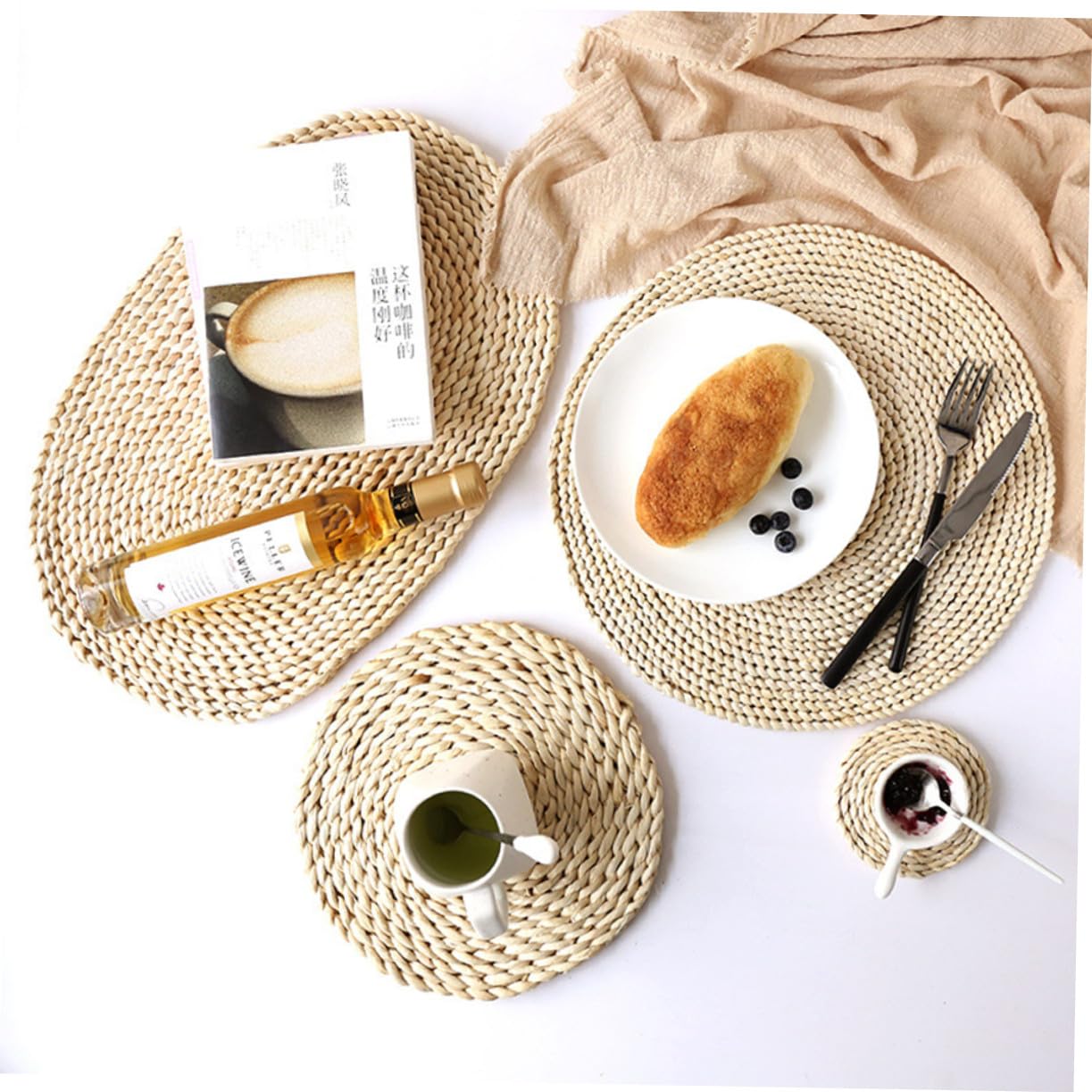 8 pièces Set de Dessous Plats Ronds Paille Naturelle Épais et Isolants Thermiques Protège Table pour Tasses Bols Assiettes Beige de Chaque