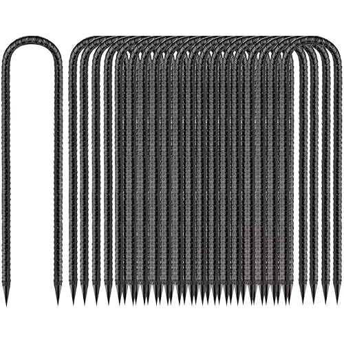 Ground-Stakes-Heavy-Duty-12 inch, U-Hook Rebar Stakes Black Coated Anti-Rust 16pcs Garden Stakes Metal Ground Anchors for Garden Dog Fence Chicken Coop Christmas Decorations Deer Fence