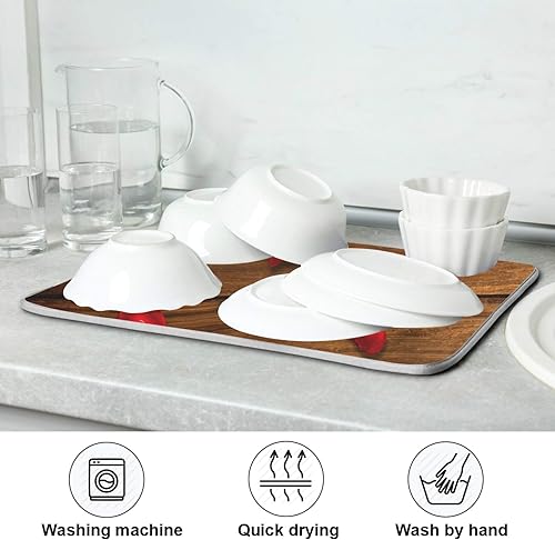 Miniatura 7 de Tapete de secado de platos para encimera de cocina, diseño de corazón rojo sobre tabla de madera, almohadilla de secado de microfibra absorbente,