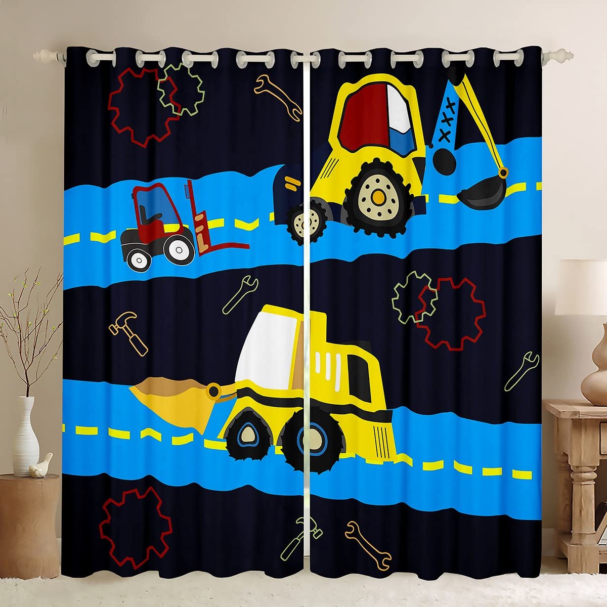 Cortinas de Ventana de construcción para niños, para Dormitorio, Sala de Estar, maquinaria de niños, Cortinas de Ventana de camión, Sitio de construcción, Cortinas de vehículos de Coche, excavadoras,