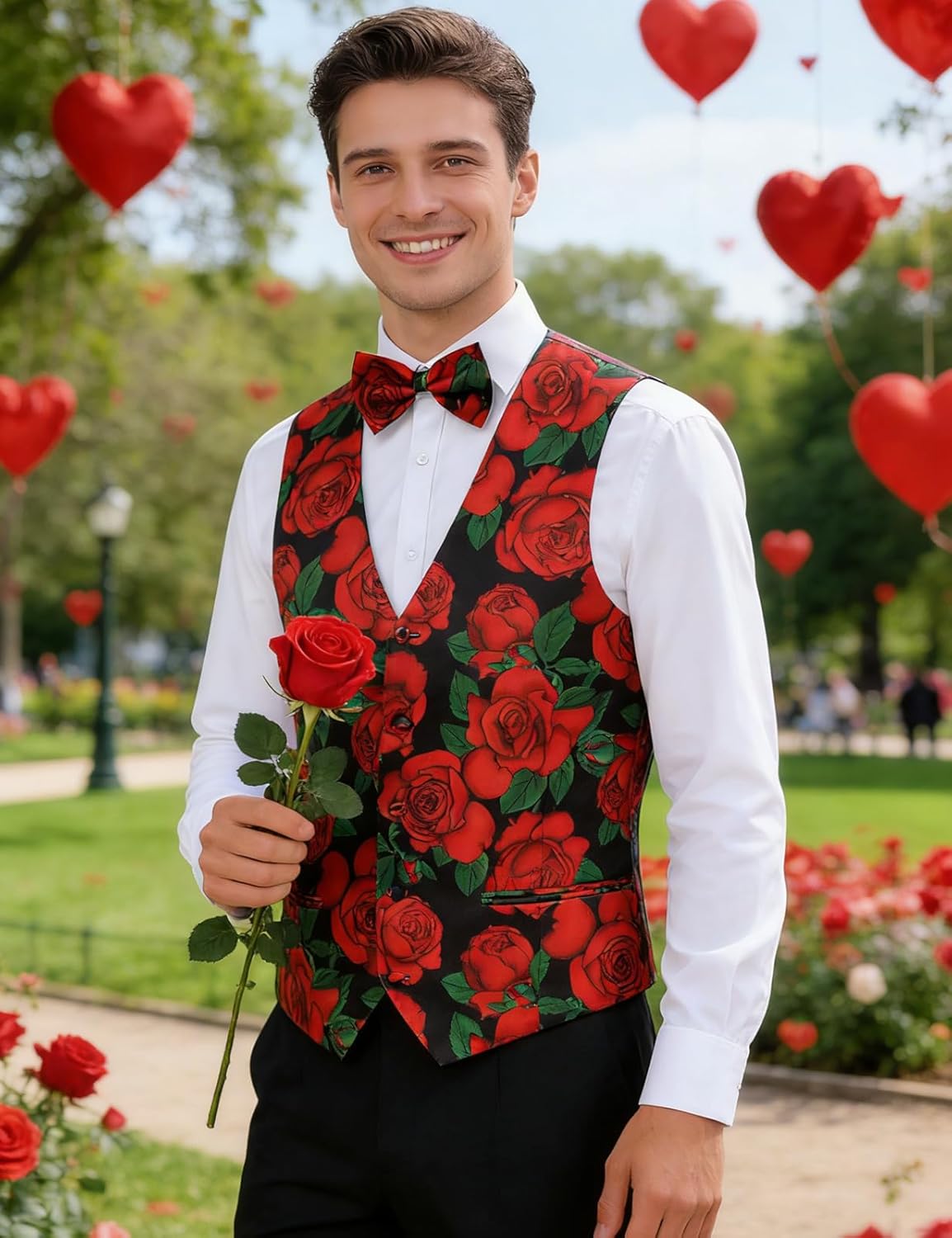 Roseelf Mens Holiday Waistcoat V-Neck Suit Vest with Bowtie