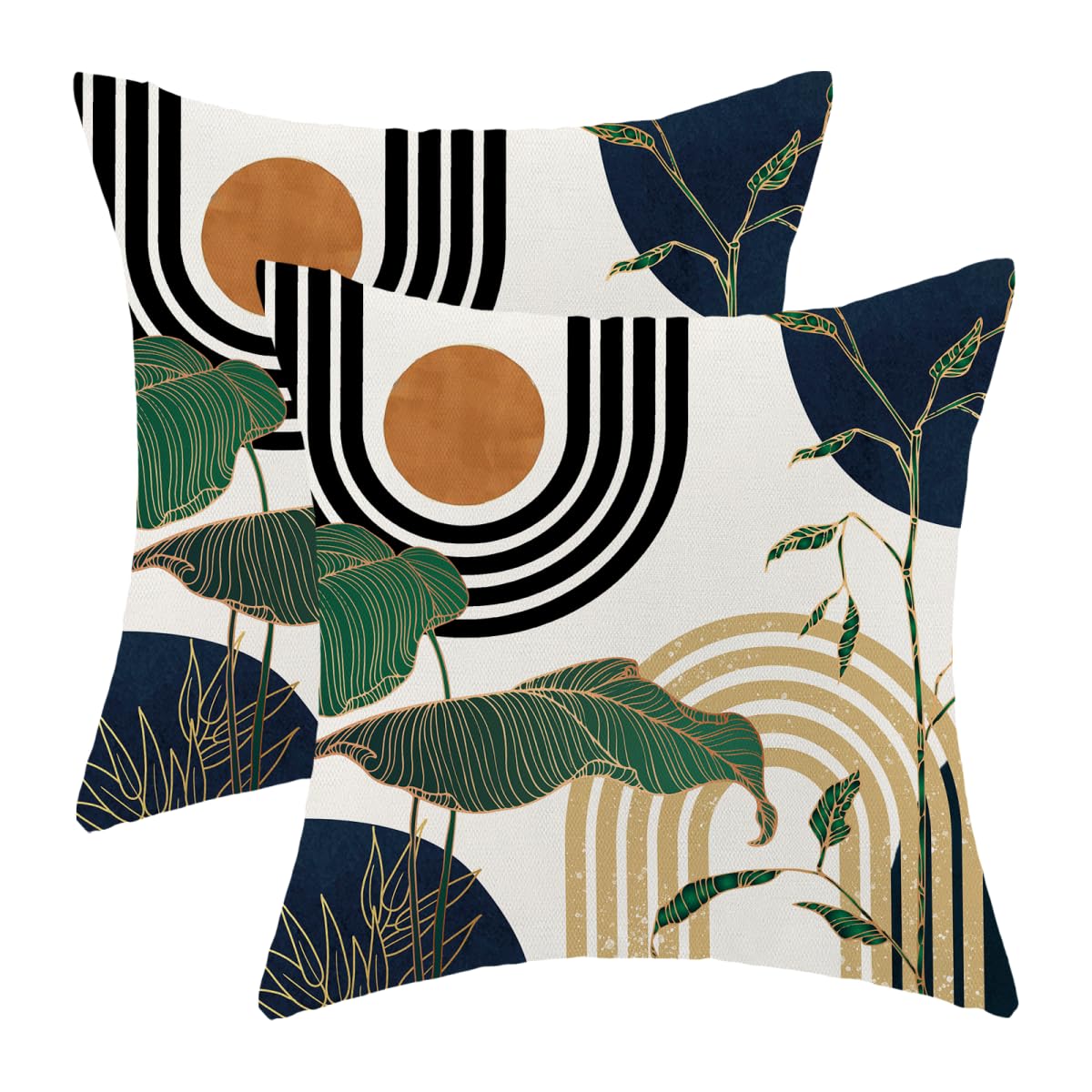 Boho Pillow Covers 18x18 Inch Set of 2 Gold Green Tropical Leaf Brown Navy Blue Mid Century Throw Pillow Covers Summer Bohemian Pillow Cases Outdoor