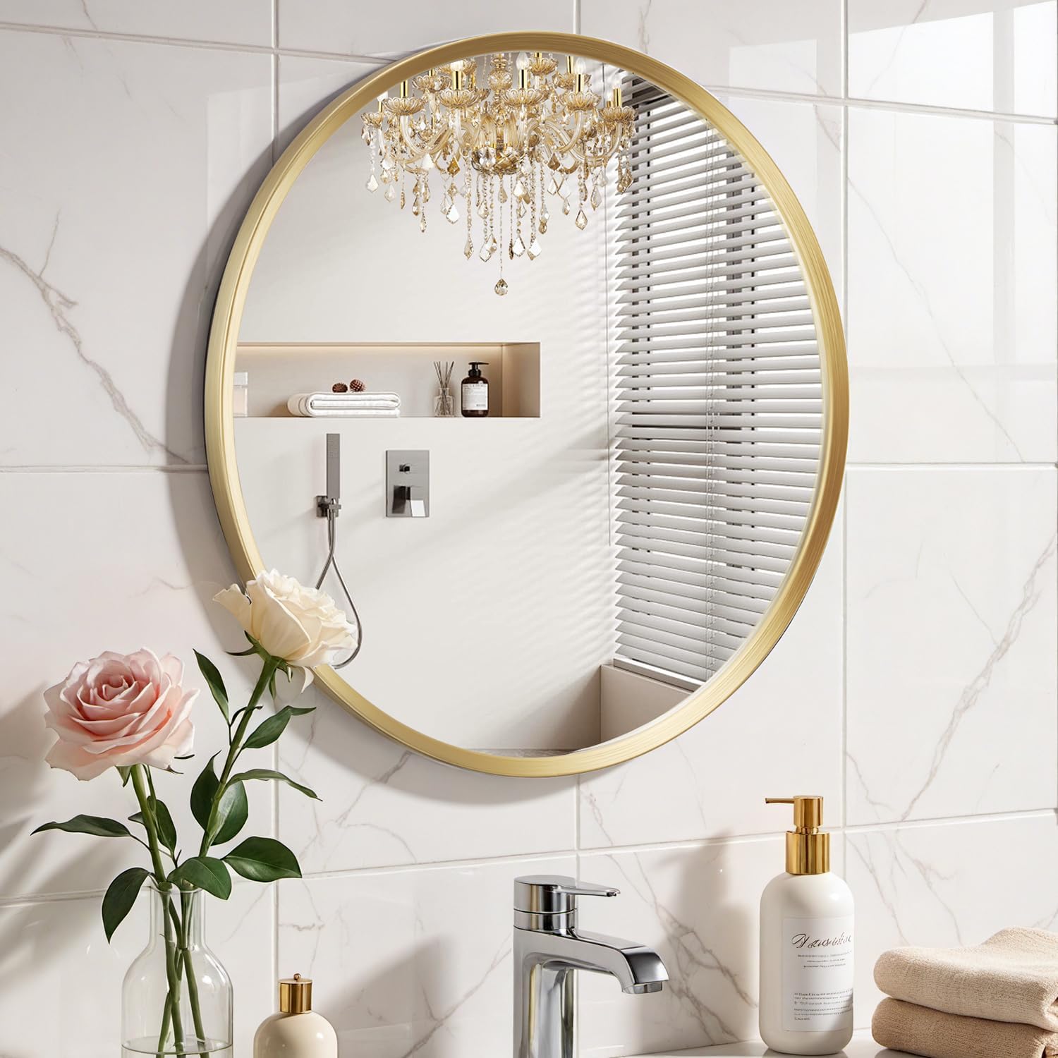 Brushed Nickel Round Bathroom Mirror for Wall, 24 inch Sliver Circle Mirror for Wall, New Frame Design, Tempered Glass,Wall Mounted Circle Mirror for Vanity, Entryway, Bedroom, Restroom