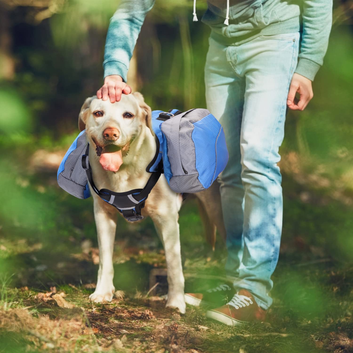 Nobleza - Mochila Arnés Chaleco para Perro, Alforja Bolsa de Hombro Ajustable, Bolsa Sillón para Excursionismo, Senderismo y Camping con Tira Reflectante para Mascota, Azul - L