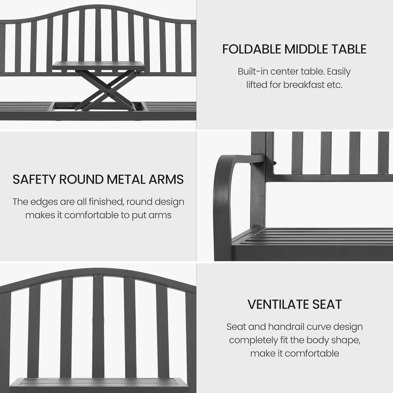 BODIOO Outdoor Metal Garden Bench 59" Patio Bench with Built in Table Park Bench, Outside Bench Weather Proof Front Porch Bench, 500lbs, Gray