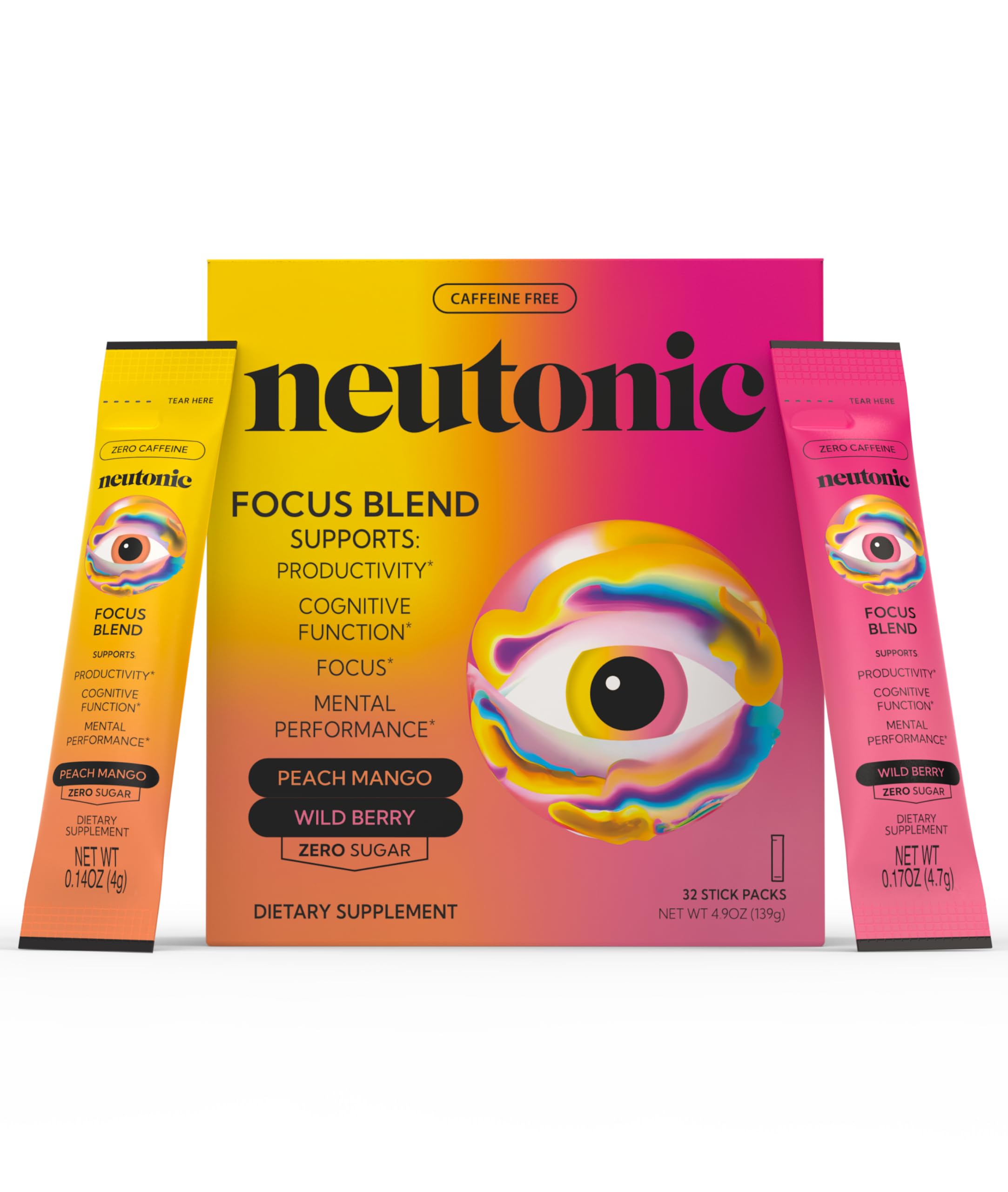 Neutonic Nootropic Focus Blend Powder | Peach Mango & Wild Berry 32 Sticks | Caffeine Free, Zero Sugar | Support Memory, Mental Clarity, Cognitive Function | Boost Focus, Energy, Brain Health