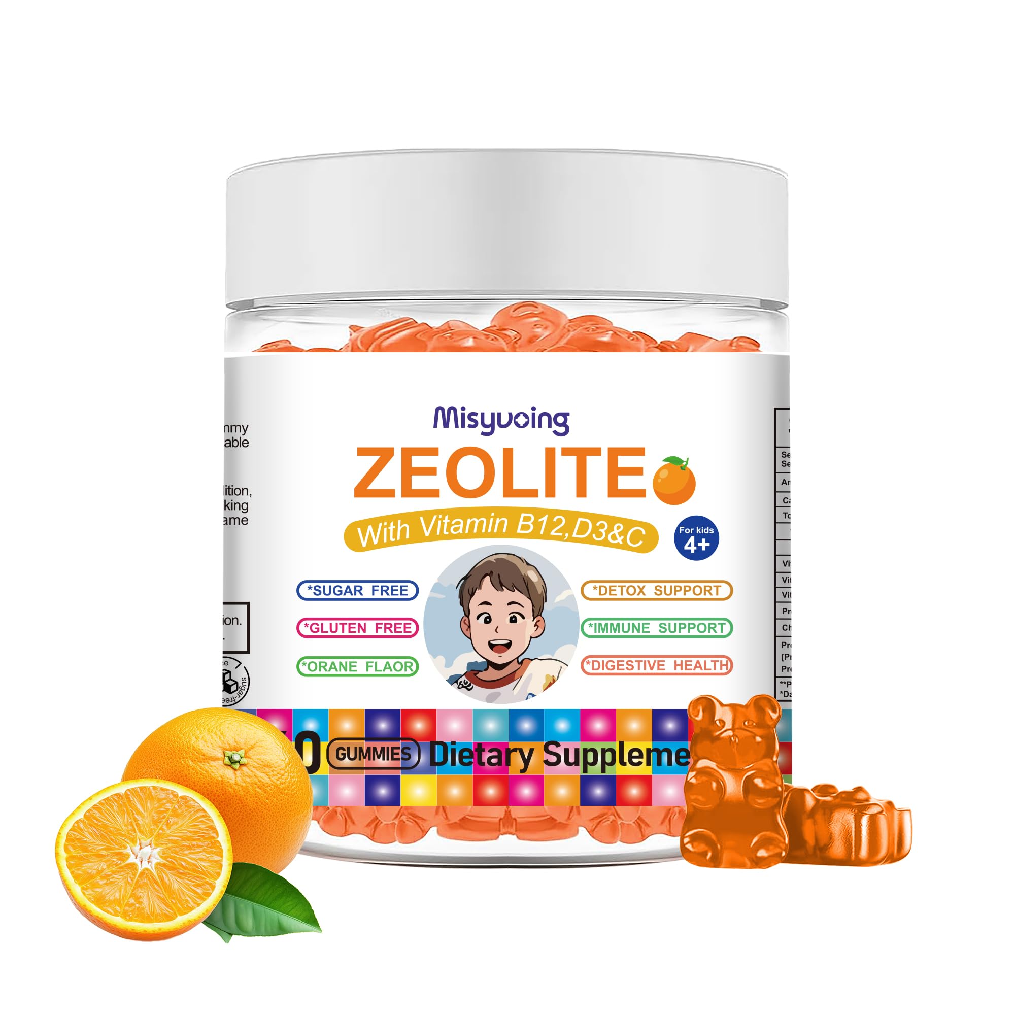 Misyvoing Zeolite for Kids&Adults Supports Cell Restoration,Natural Body Cleanse,Support Digestive Health,Immune System,Improves Focus,Vitamin B12, D3&C, Sugar-Free (60 Count, Orange)