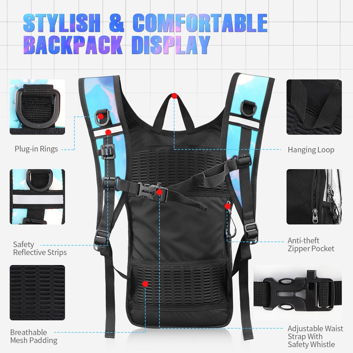 Zaino per idratazione, festival rave, con sacca idrica da 2 l, zaino per rave Hydropack Hydro per escursionismo, ciclismo