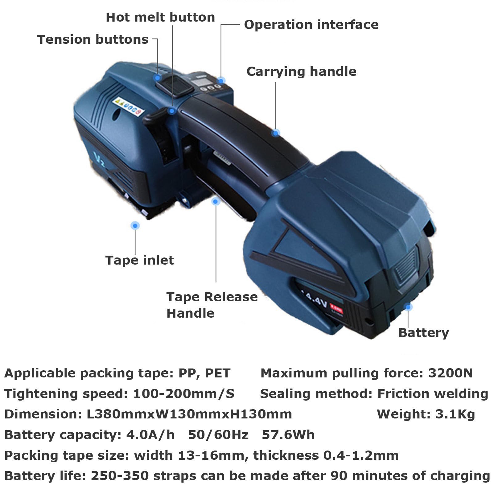 Cercleuse électrique pour feuillards PP et Pet, Automatique, Portable, avec 2 Batteries de 4 000 mAh et écran LCD.