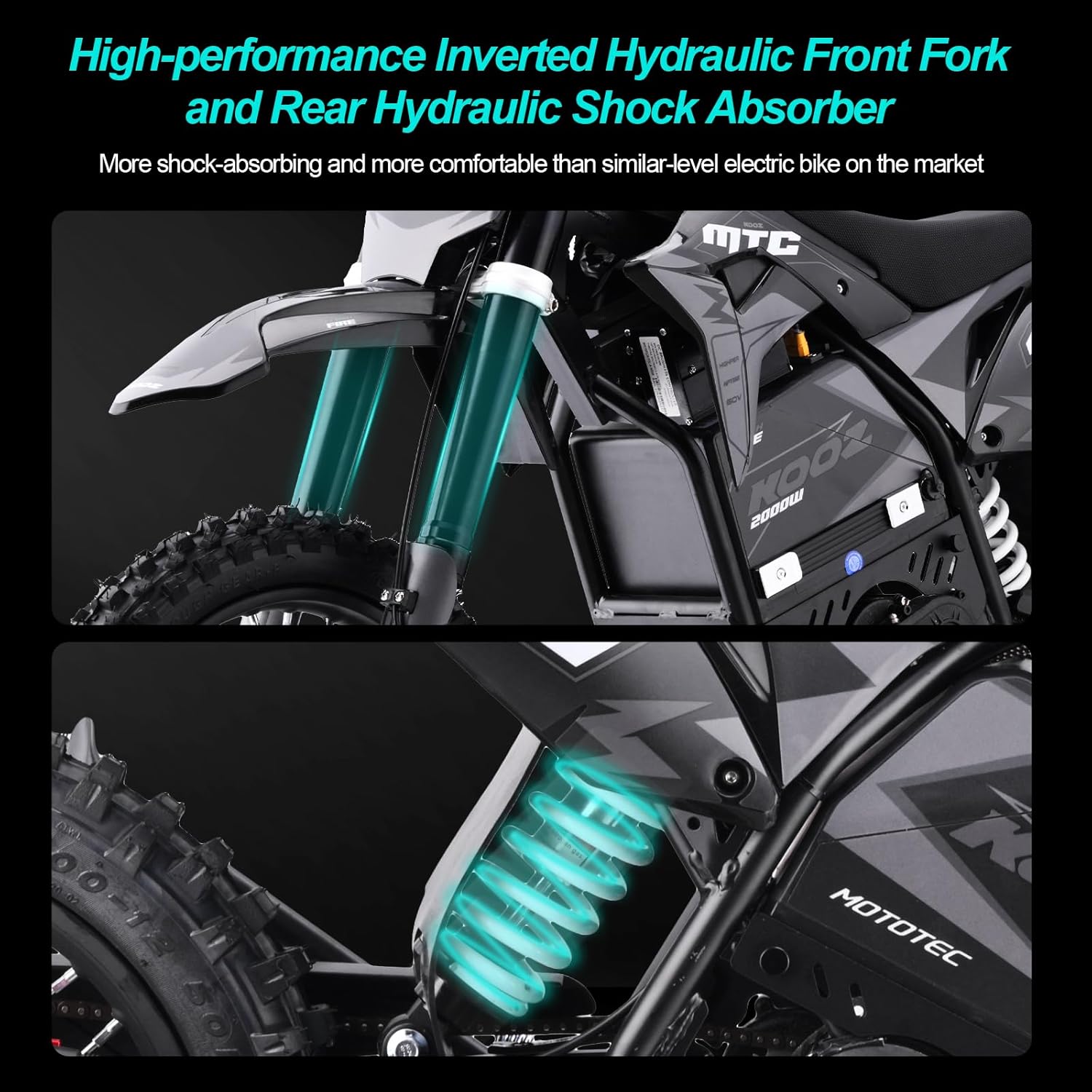 KOOZ HP115E Electric Dirt Bike Motorcycle for Kids and Teens, 40 MPH 60V 2000W (Max 3000W) Offroad Motorcycle with 14"/12" Tires, Hydraulic Brakes, Ideal for Offroad Riding (40 MPH Gray)